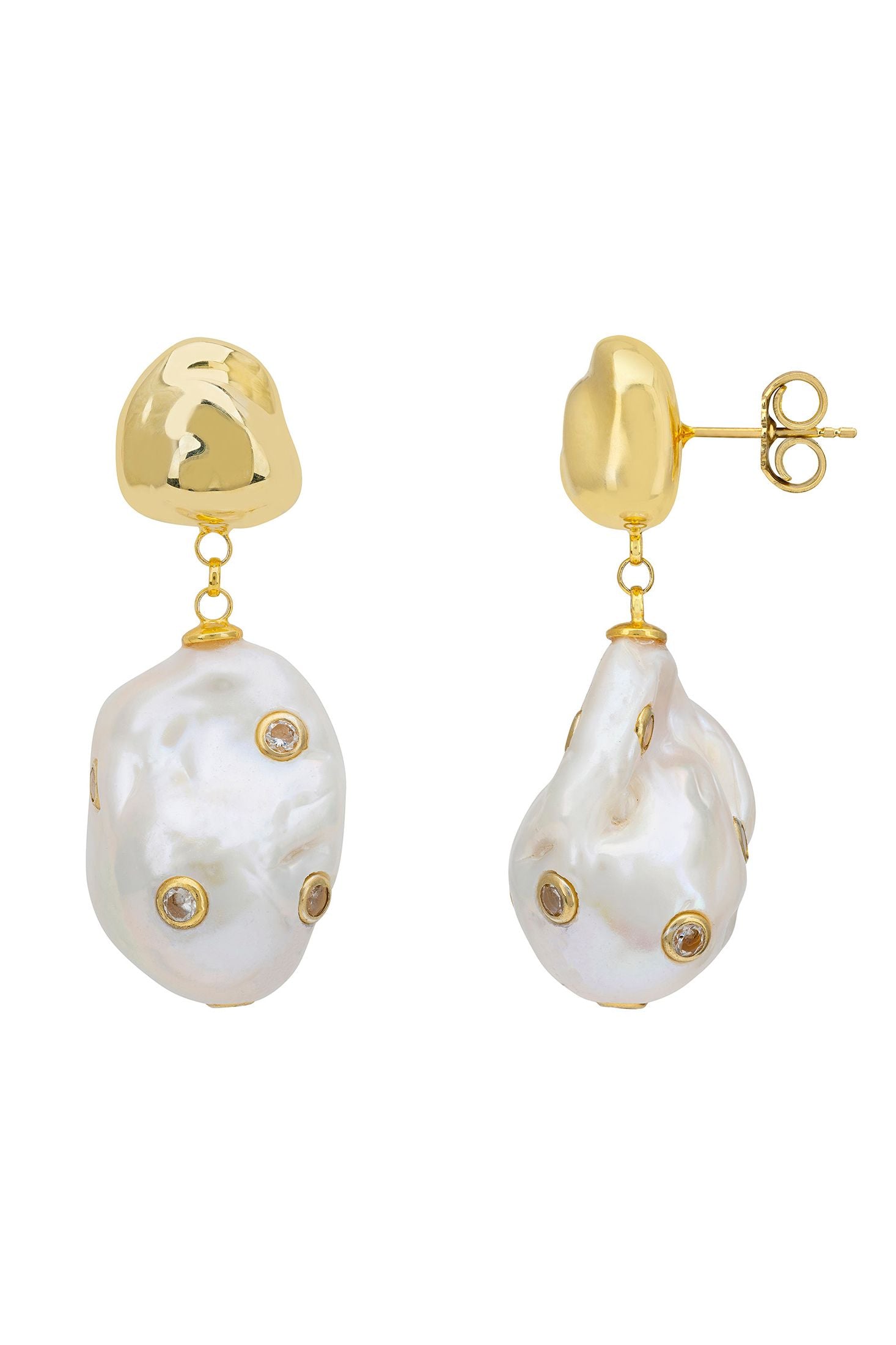 Angled view of Polka Dot Baroque Pearl Drop Earrings Gold Cz, showing baroque pearl and pearl detailing, gold finish and the jewellery profile.