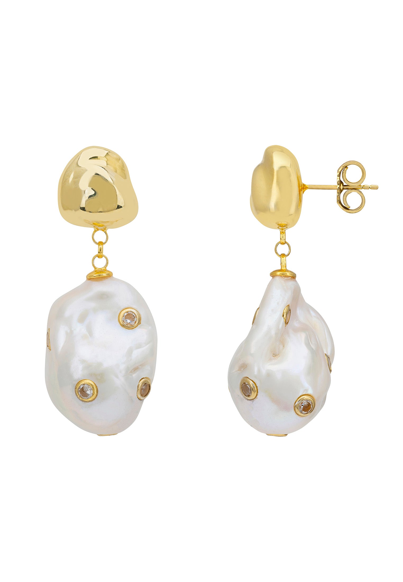 Polka Dot Baroque Pearl Drop Earrings Gold Cz
