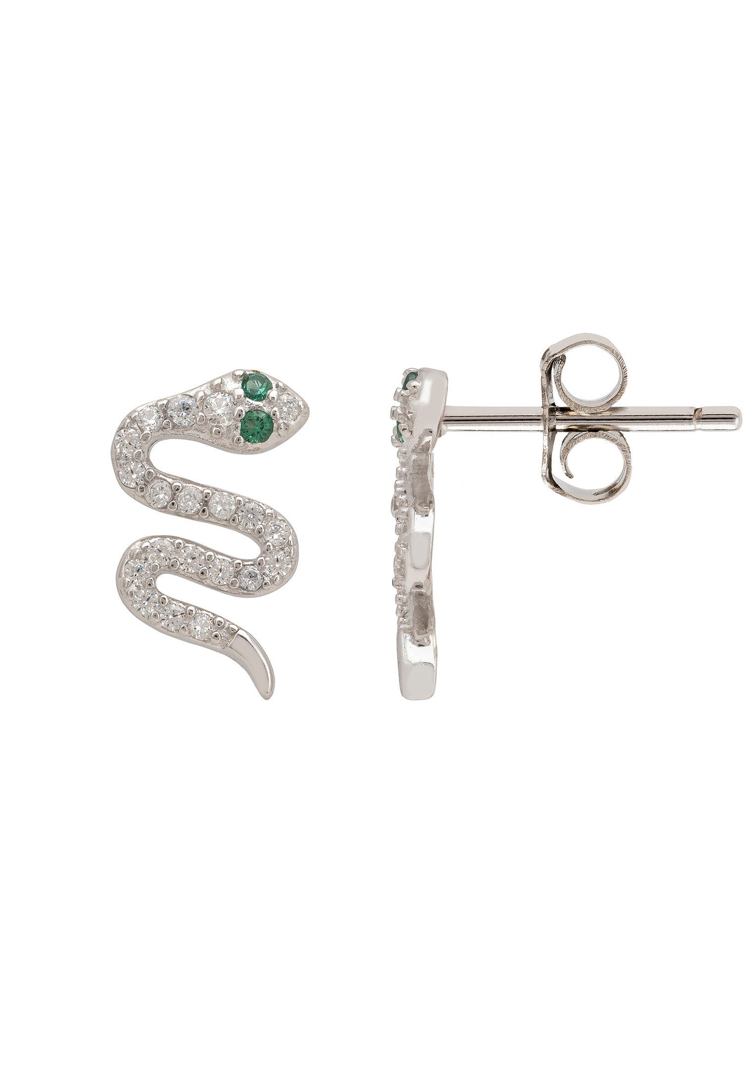 Silver snake-shaped earrings with green gemstones on a white background