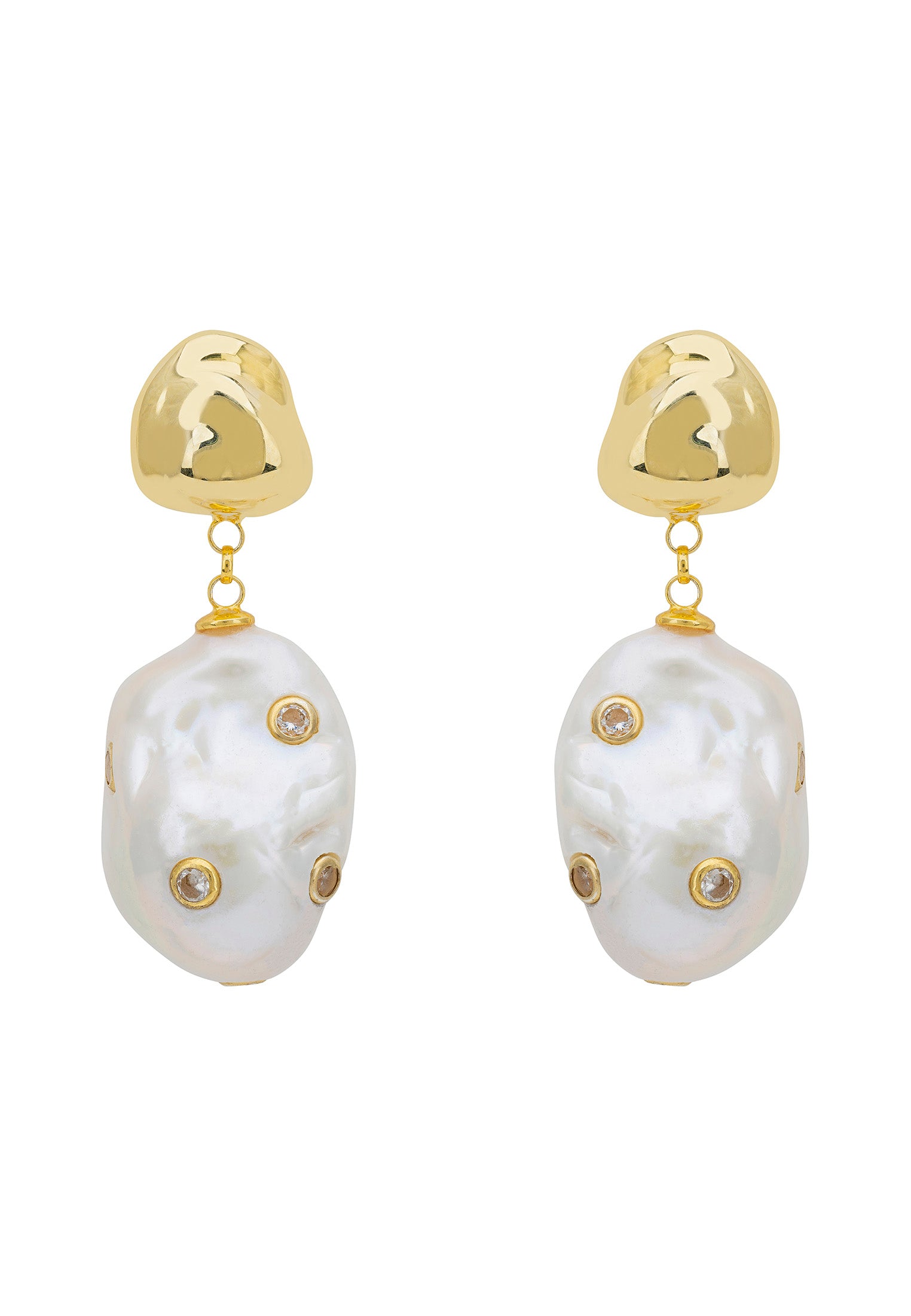 Polka Dot Baroque Pearl Drop Earrings Gold Cz