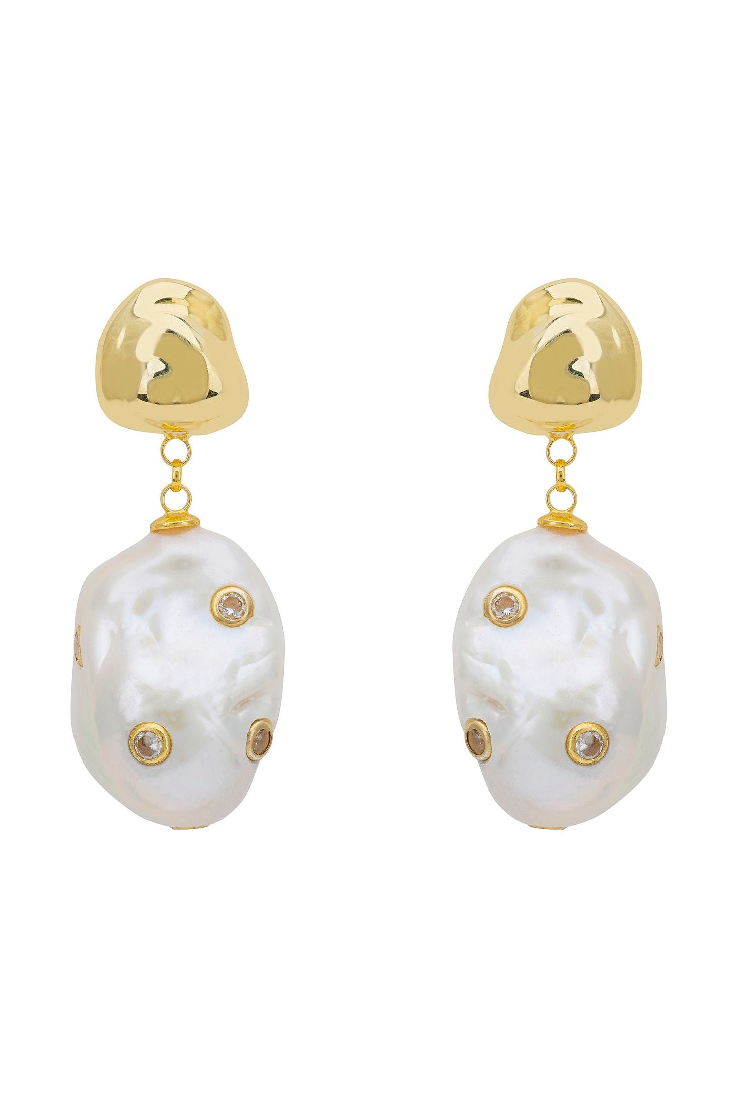 Front view of Polka Dot Baroque Pearl Drop Earrings Gold Cz, showing bee design, cubic zirconia and zirconia detailing, gold finish.