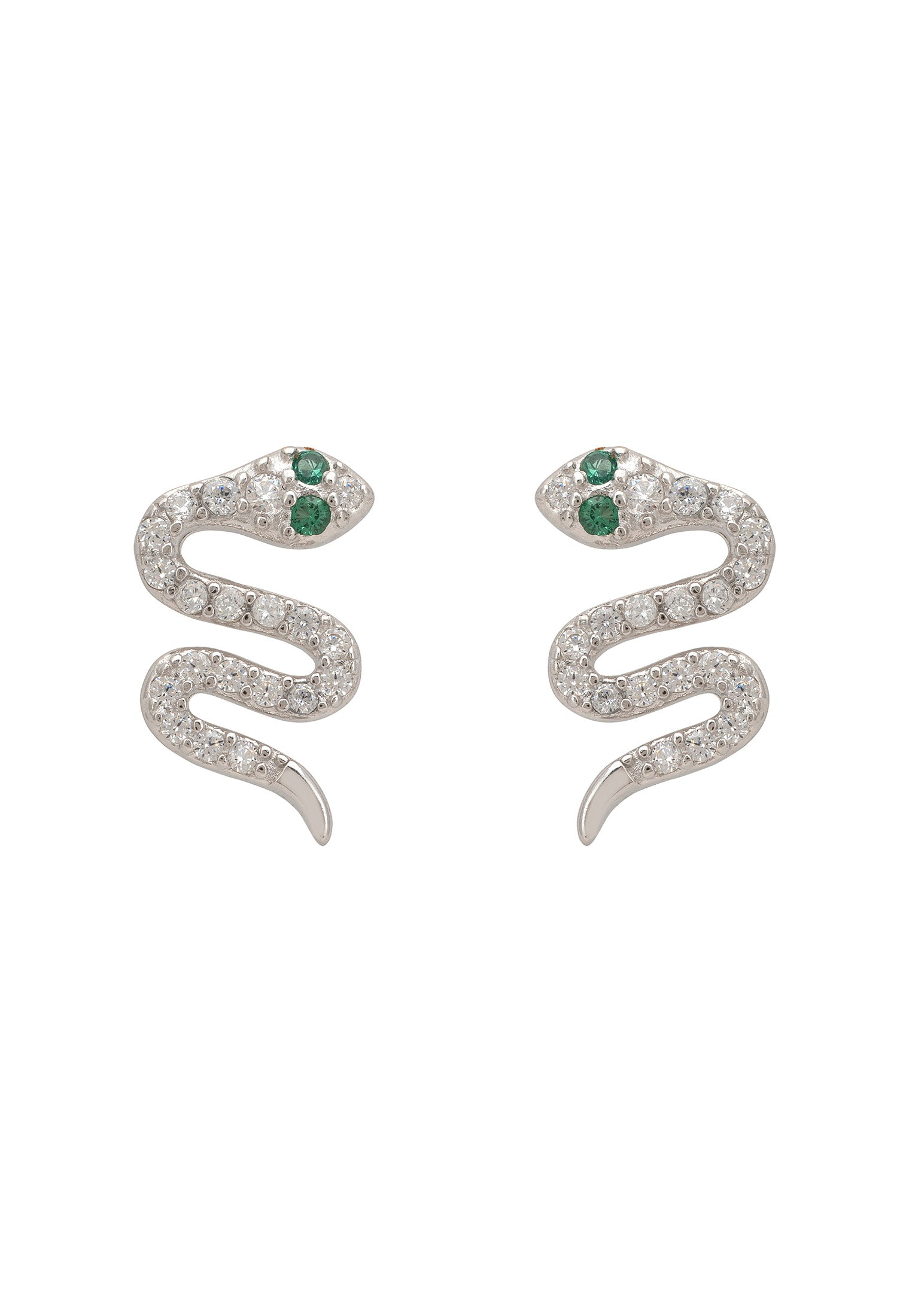 Pair of snake-shaped earrings with green gemstones on a white background