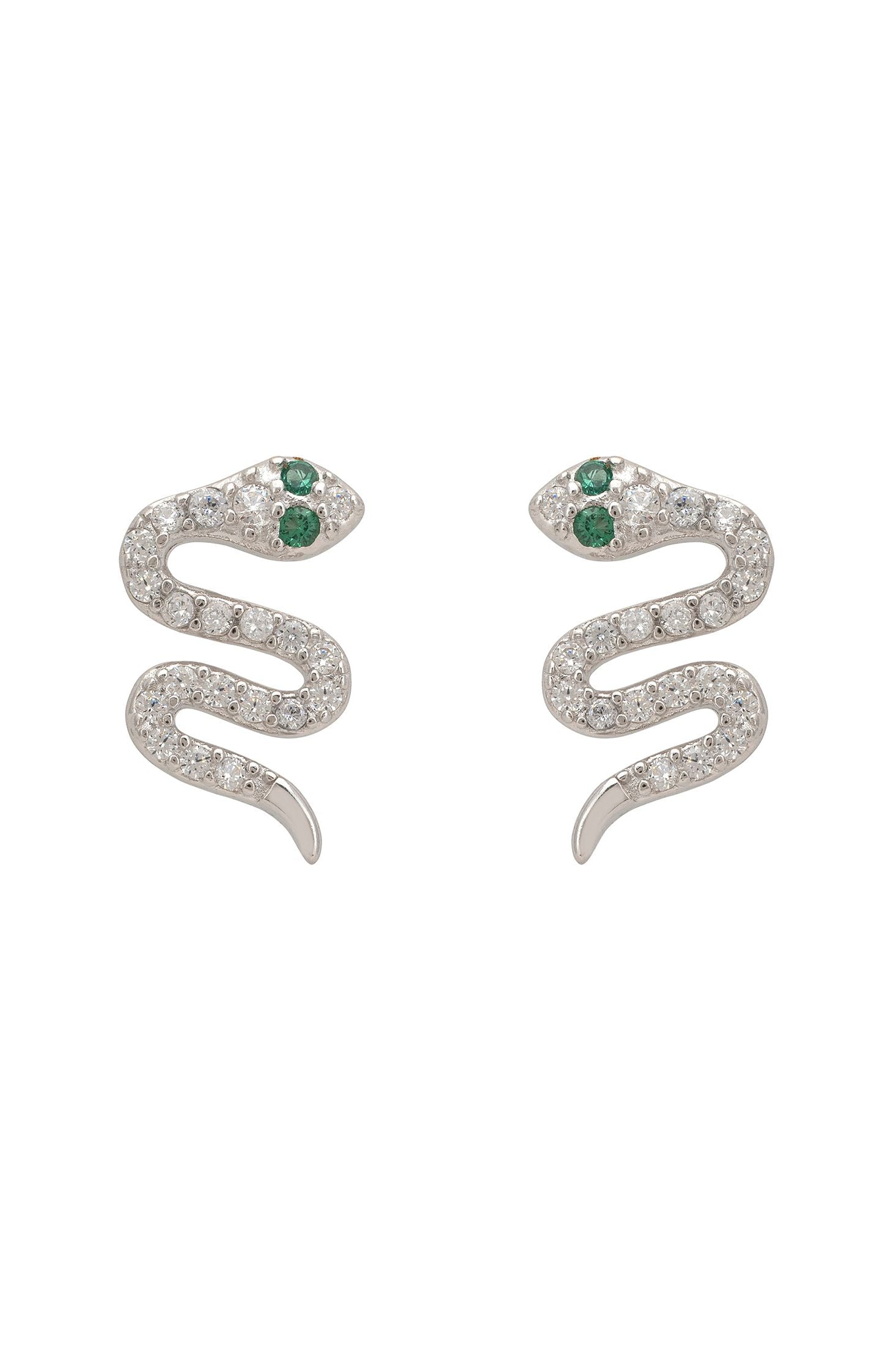 Pair of snake-shaped earrings with green gemstones on a white background