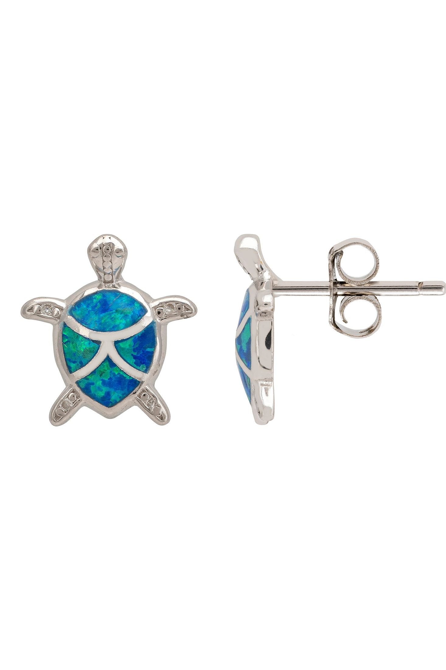 Turtle-shaped earrings with blue and green opal inlay on a white background