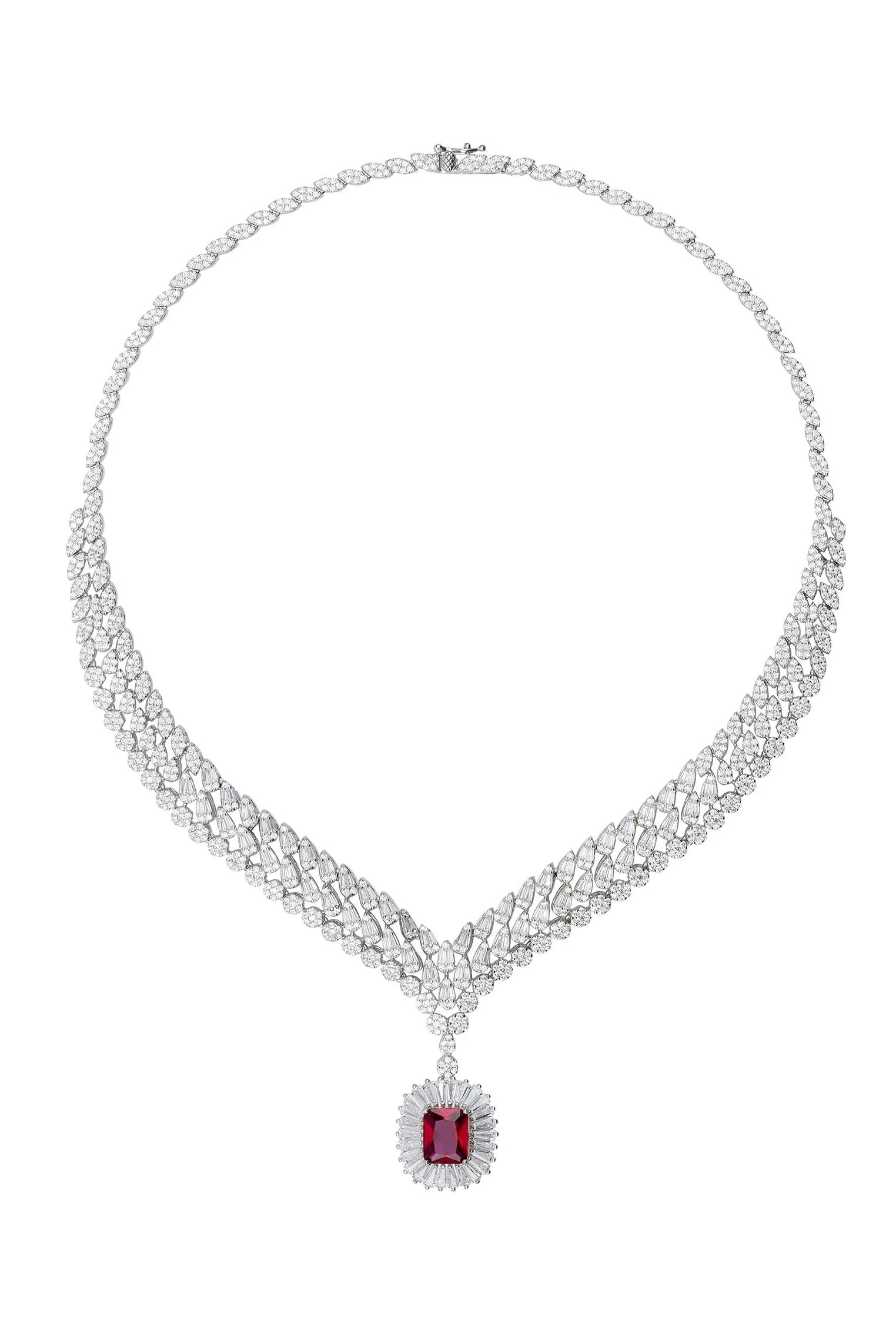 Halo ruby centerpiece diamond necklace.