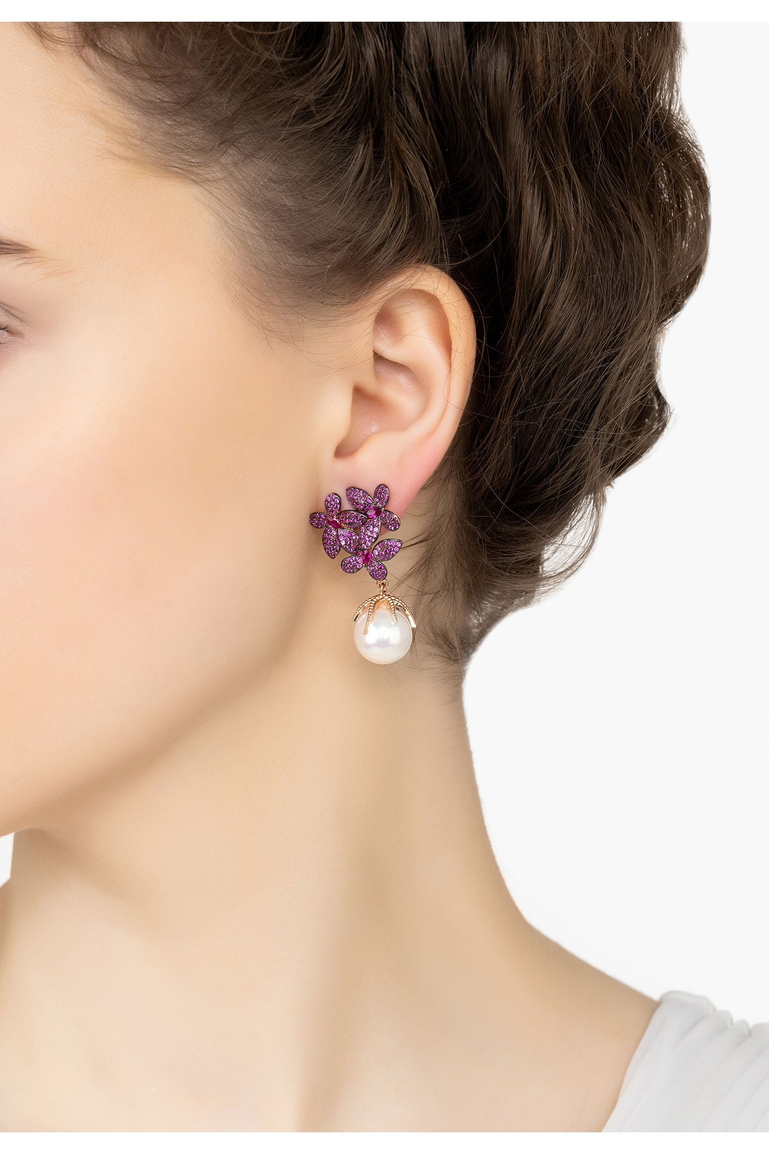 Flowers Pearl Earrings Ruby Pink Rosegold