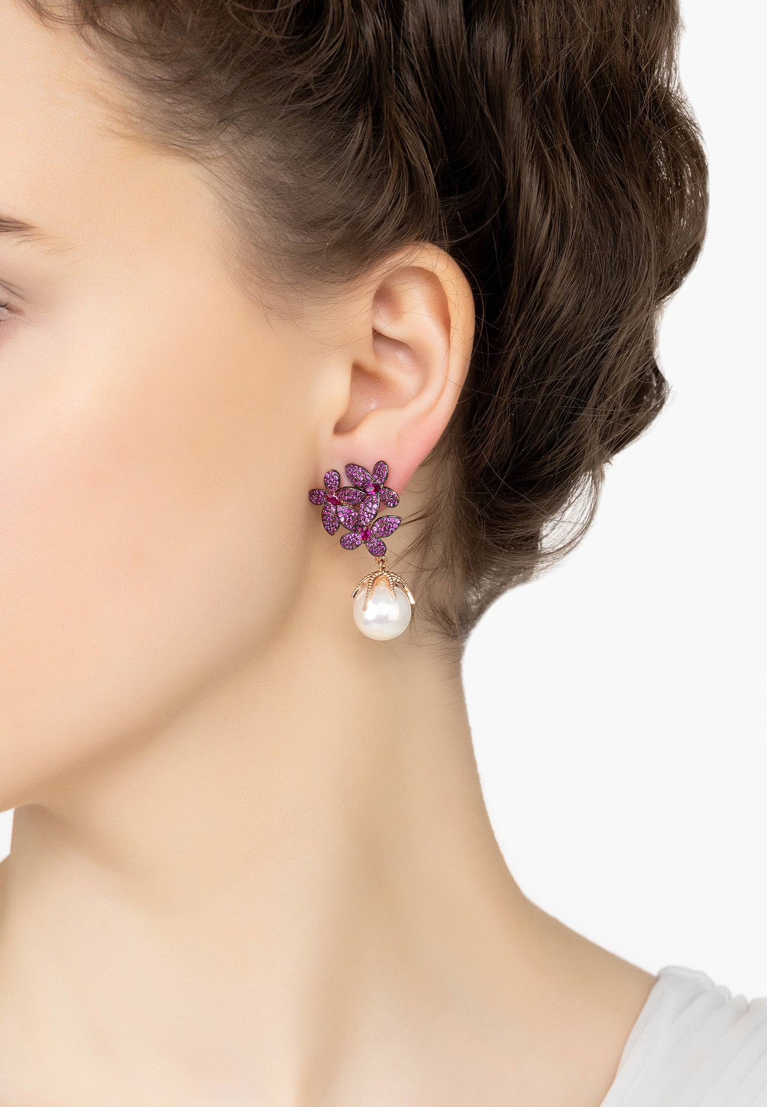 Flowers Pearl Earrings Ruby Pink Rosegold