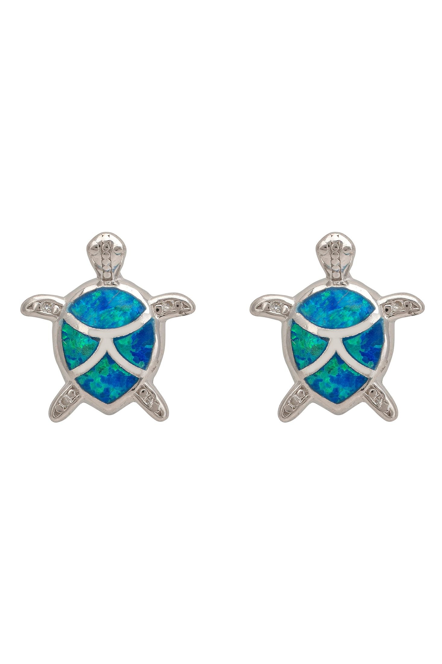 Turtle-shaped earrings with blue opal centers on a white background
