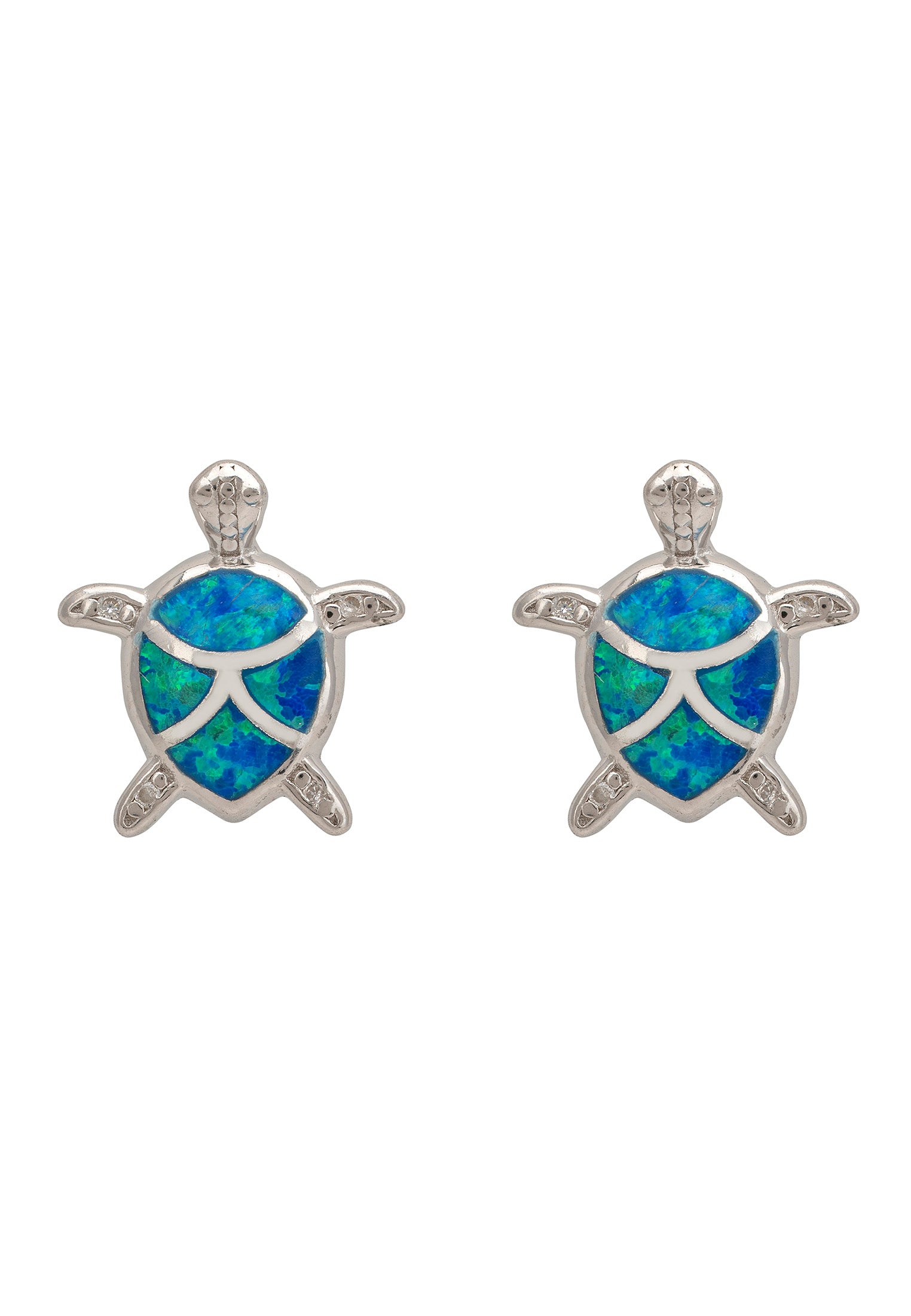 Turtle-shaped earrings with blue opal centers on a white background