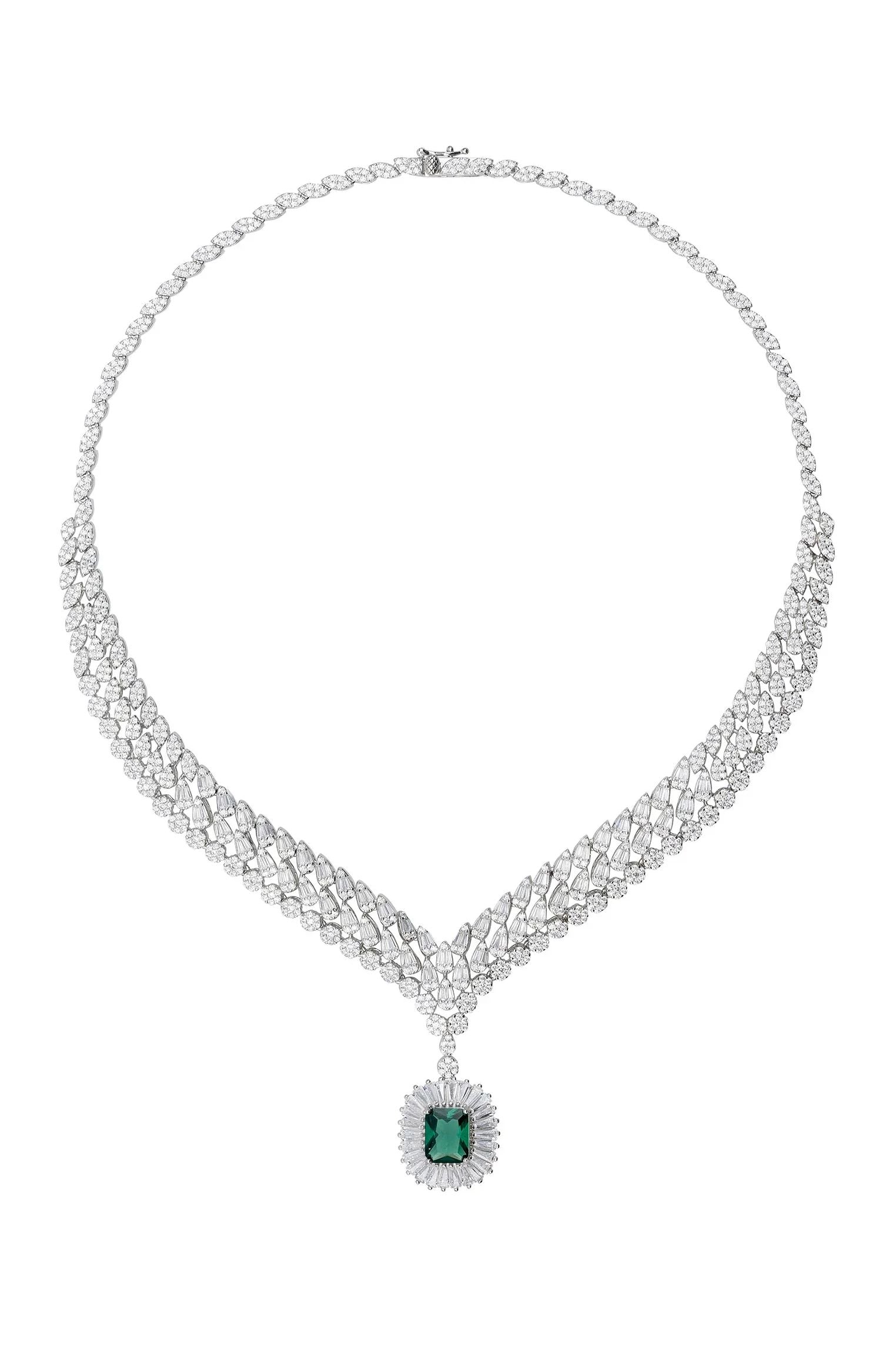 Halo emerald centerpiece diamond necklace.
