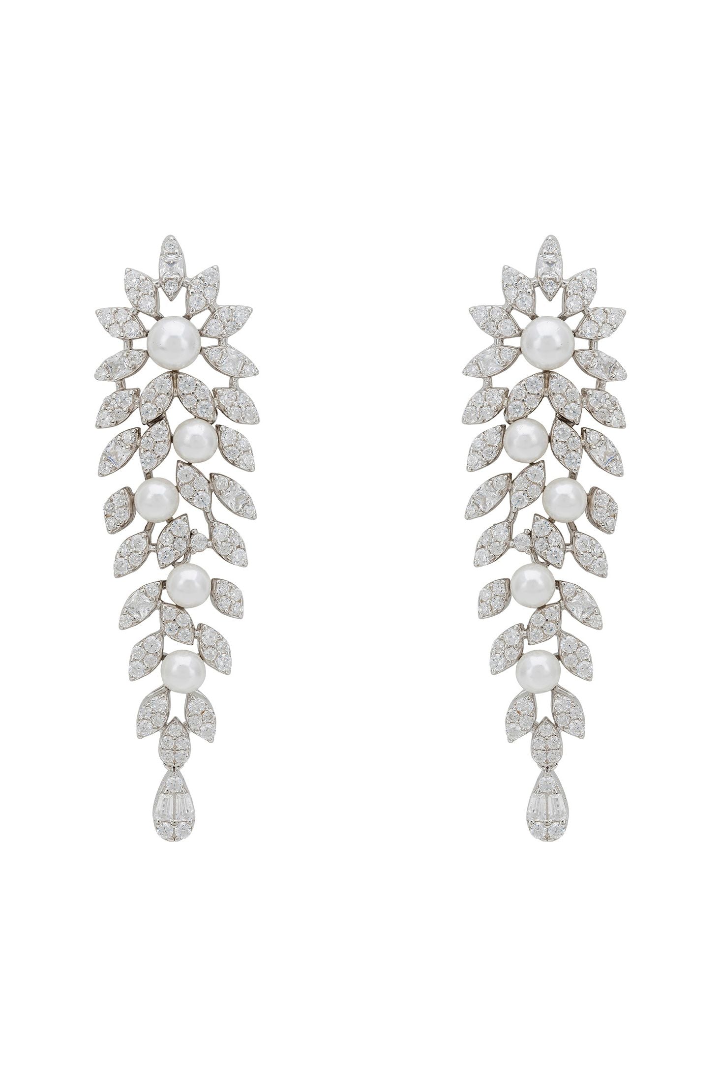 Front view of Marquise Drop Earrings Pearl Silver, showing cat design, majorica pearl and pearl detailing, silver finish.