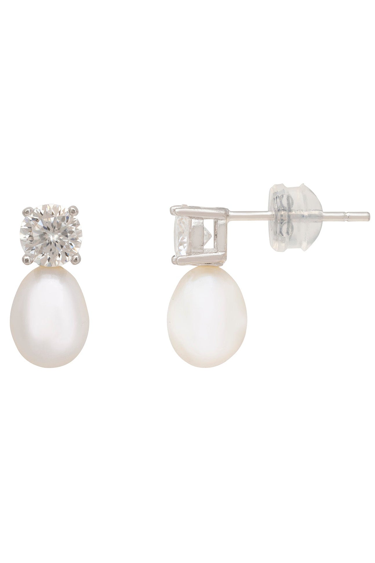 Pair of pearl earrings with silver and diamond accents on a white background