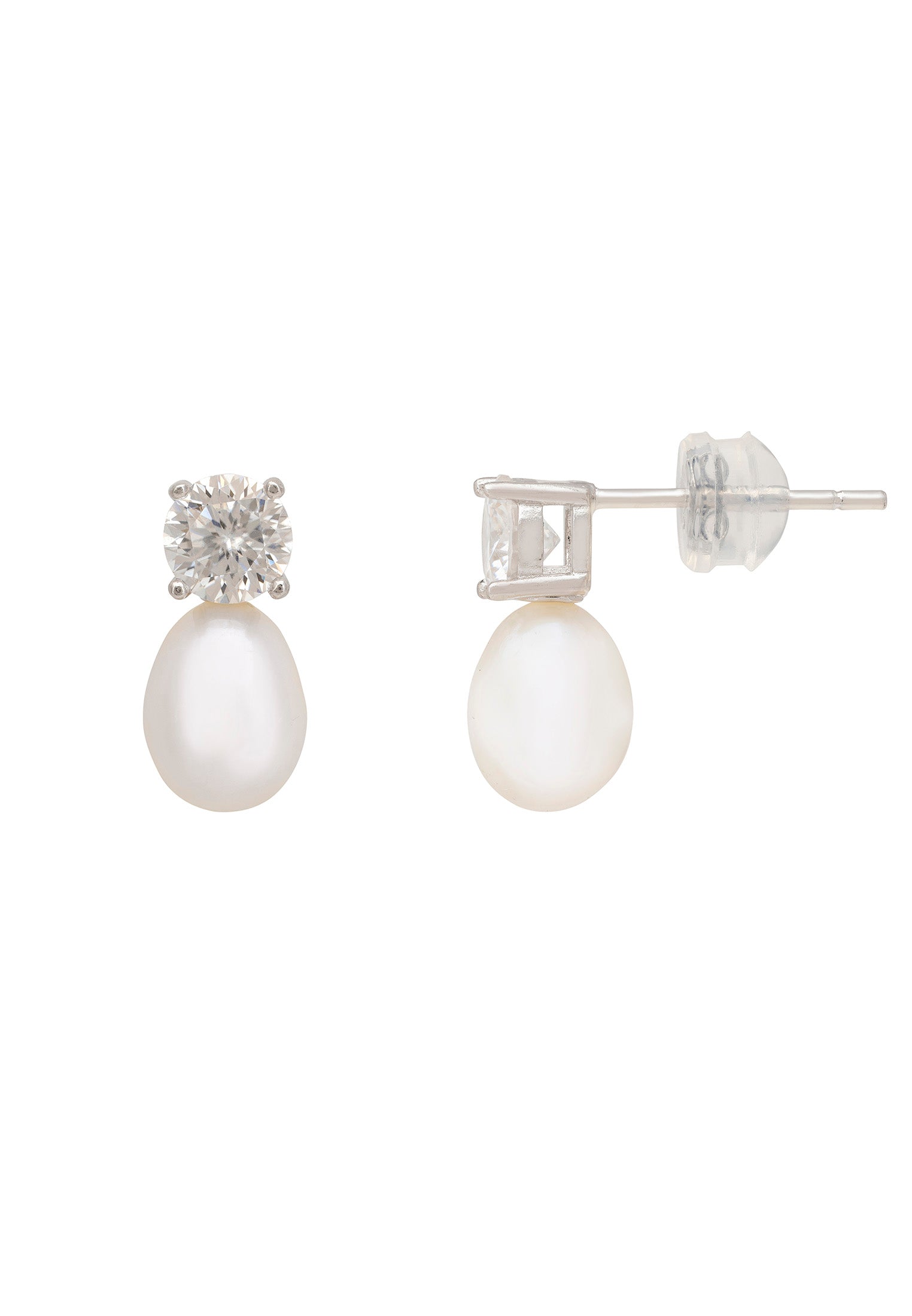 Pair of pearl earrings with silver and diamond accents on a white background