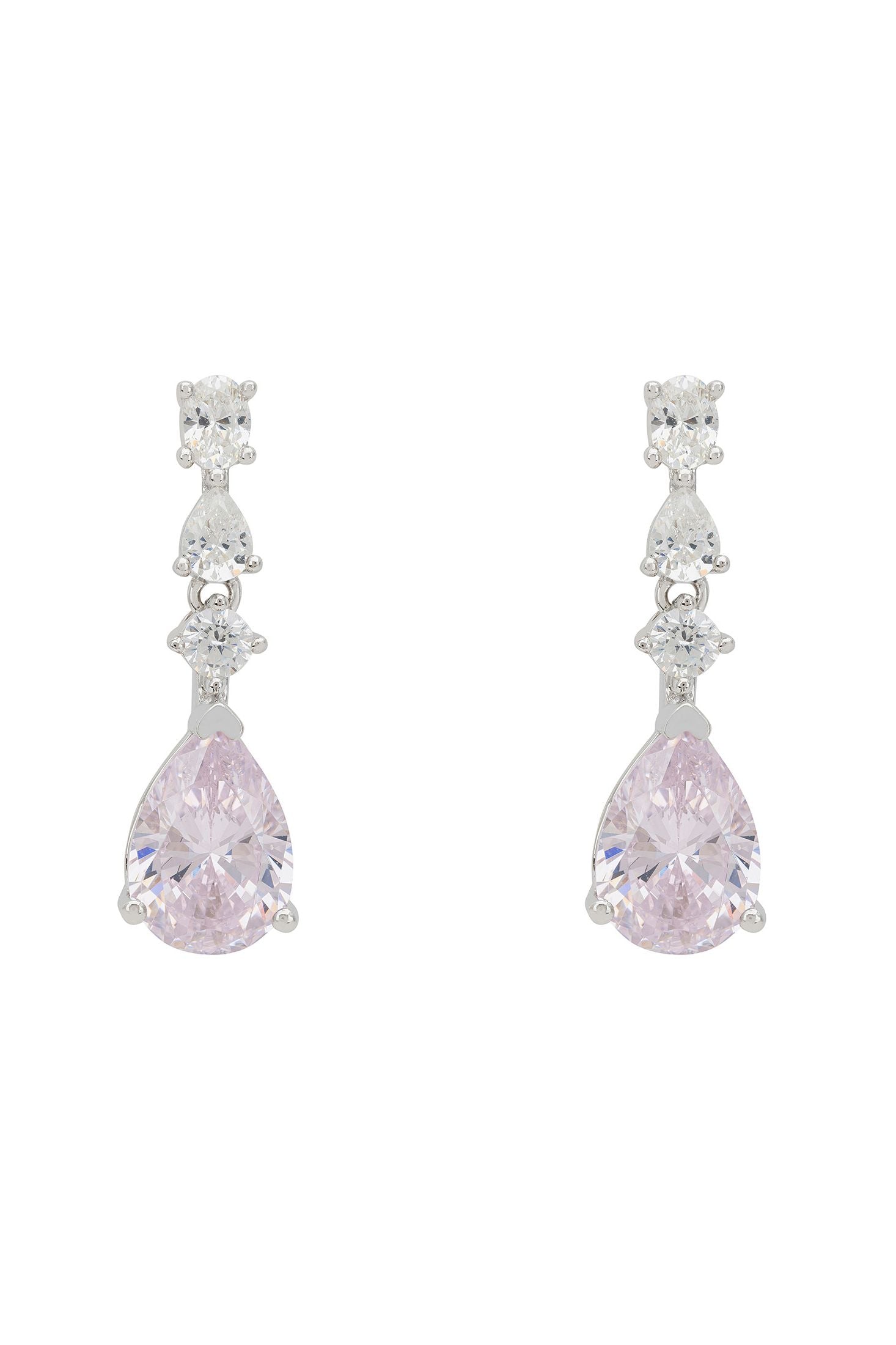 Front view of Kirsty Drop Earrings Morganite Silver, showing cat design, silver finish.