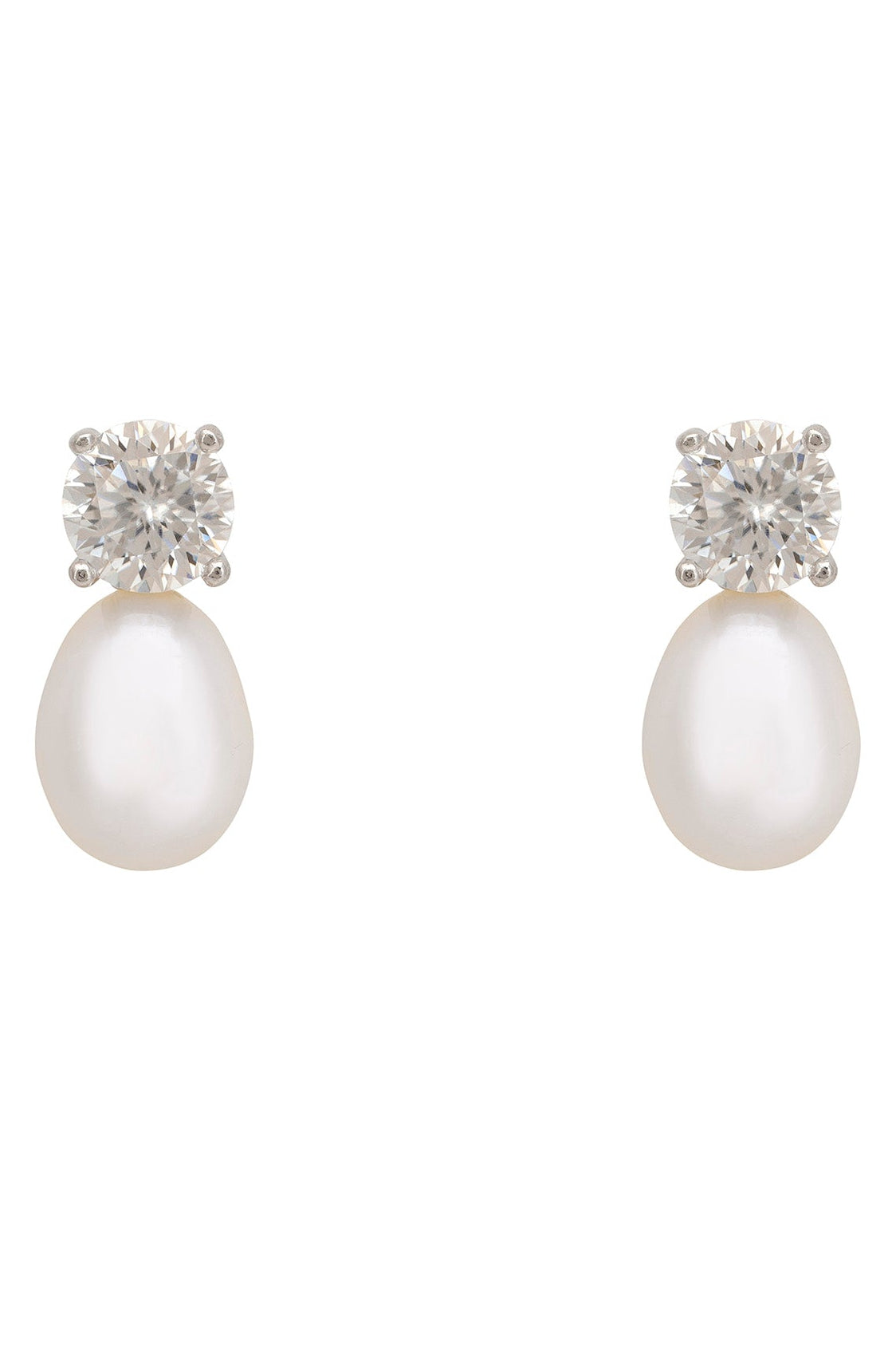 Pair of pearl earrings with diamond-like embellishments on a white background