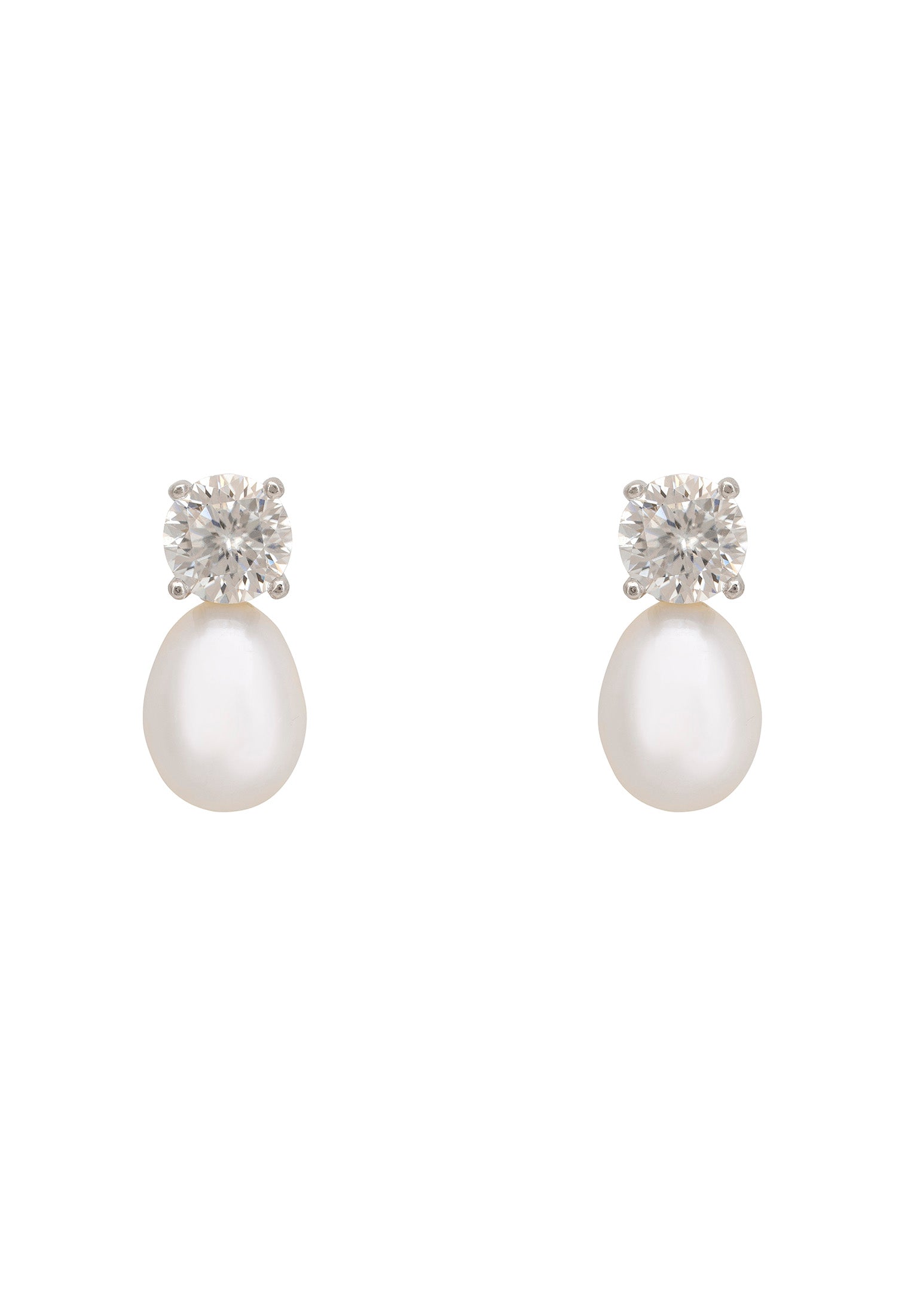 Pair of pearl earrings with diamond-like embellishments on a white background