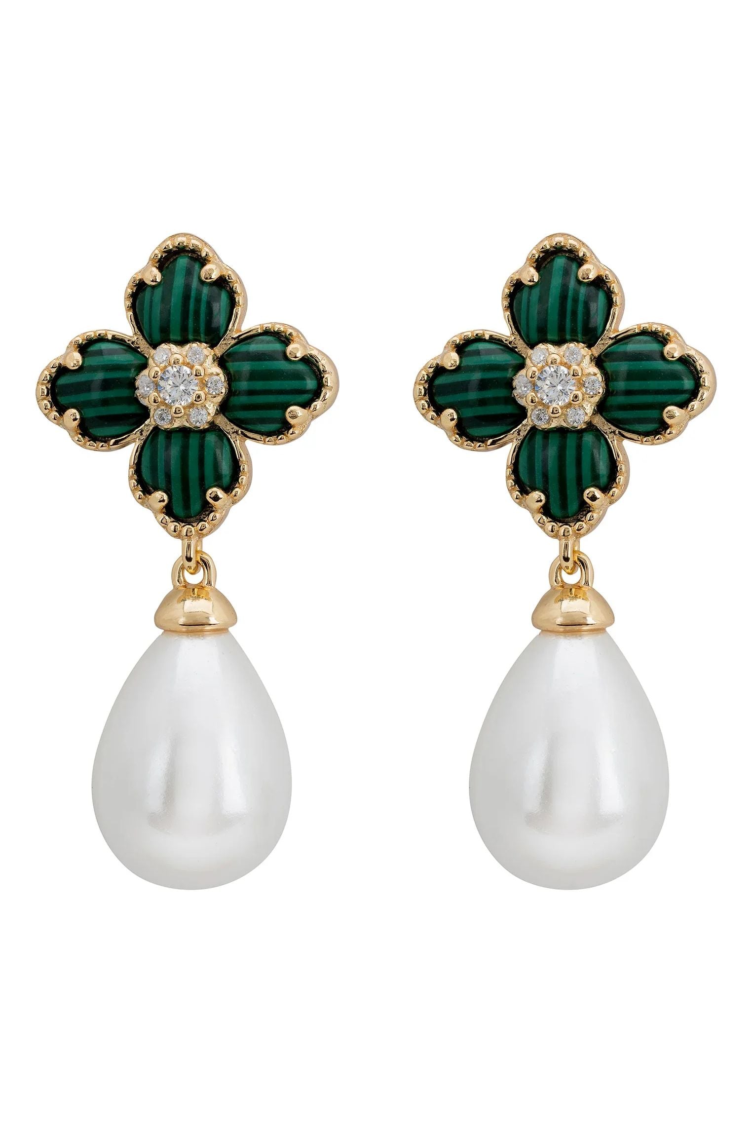 Pearl and green clover gold earrings.