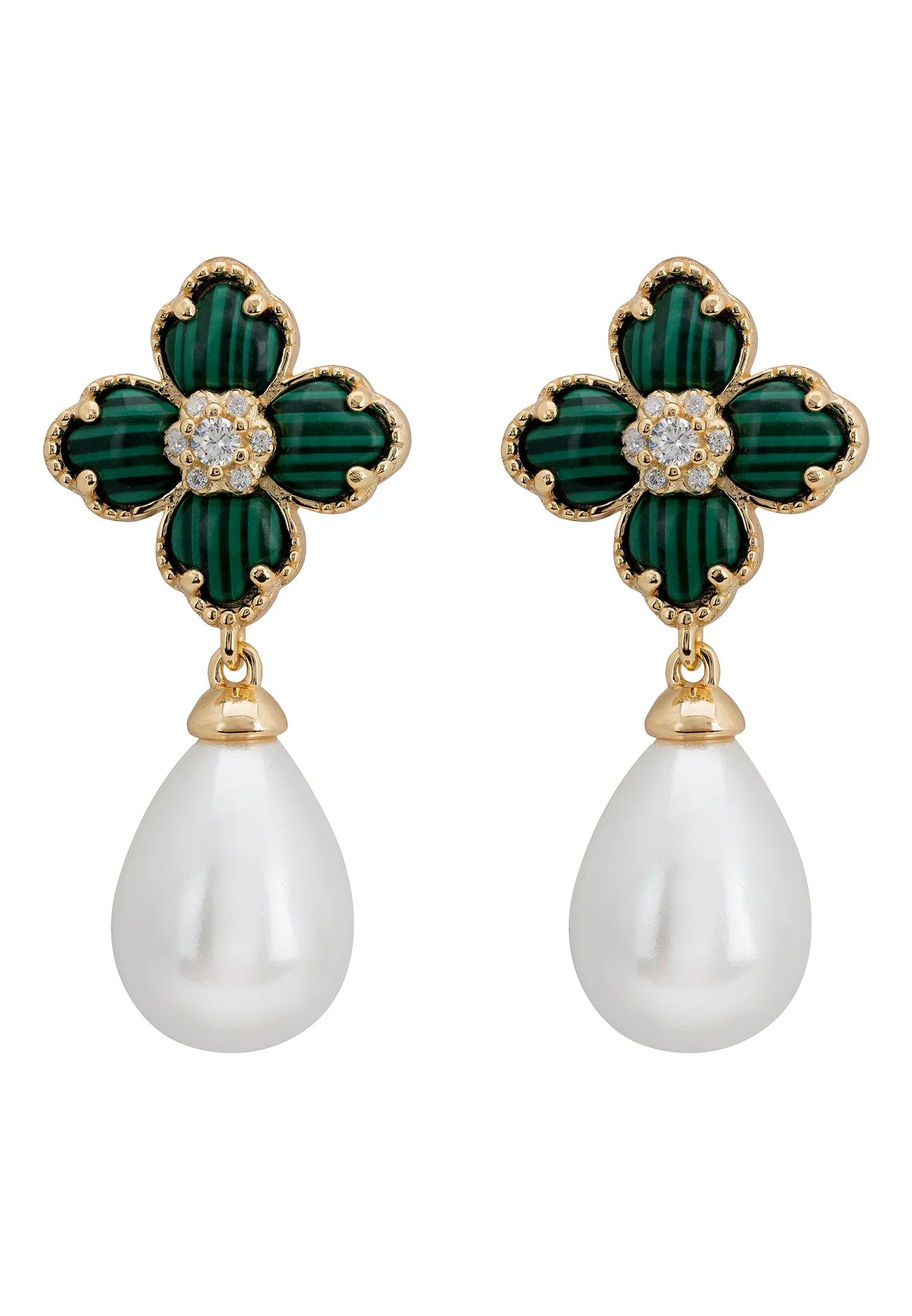 Pearl and green clover gold earrings.