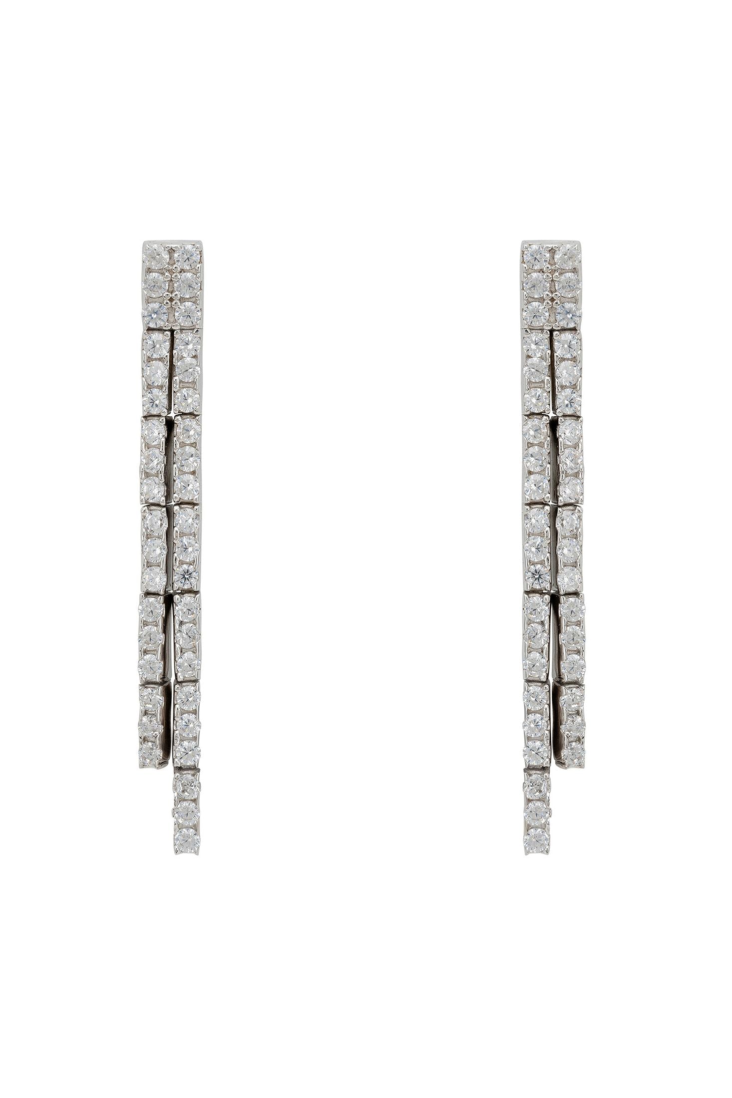 Front view of Charleston Art Deco Silver Drop Earrings, showing cat design, silver finish.