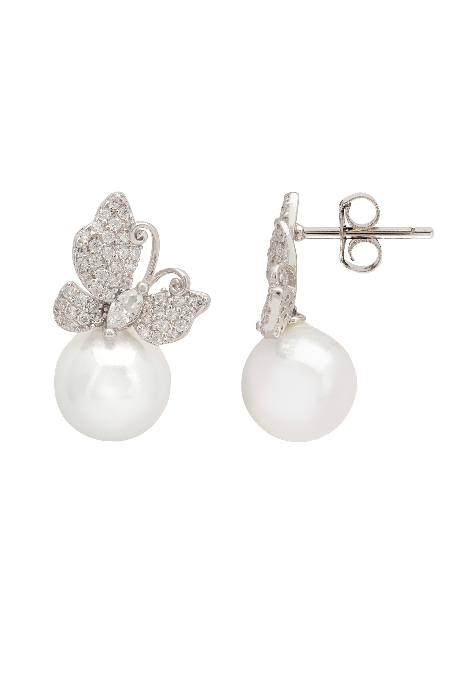 Butterfly Drop Earrings Pearl Silver