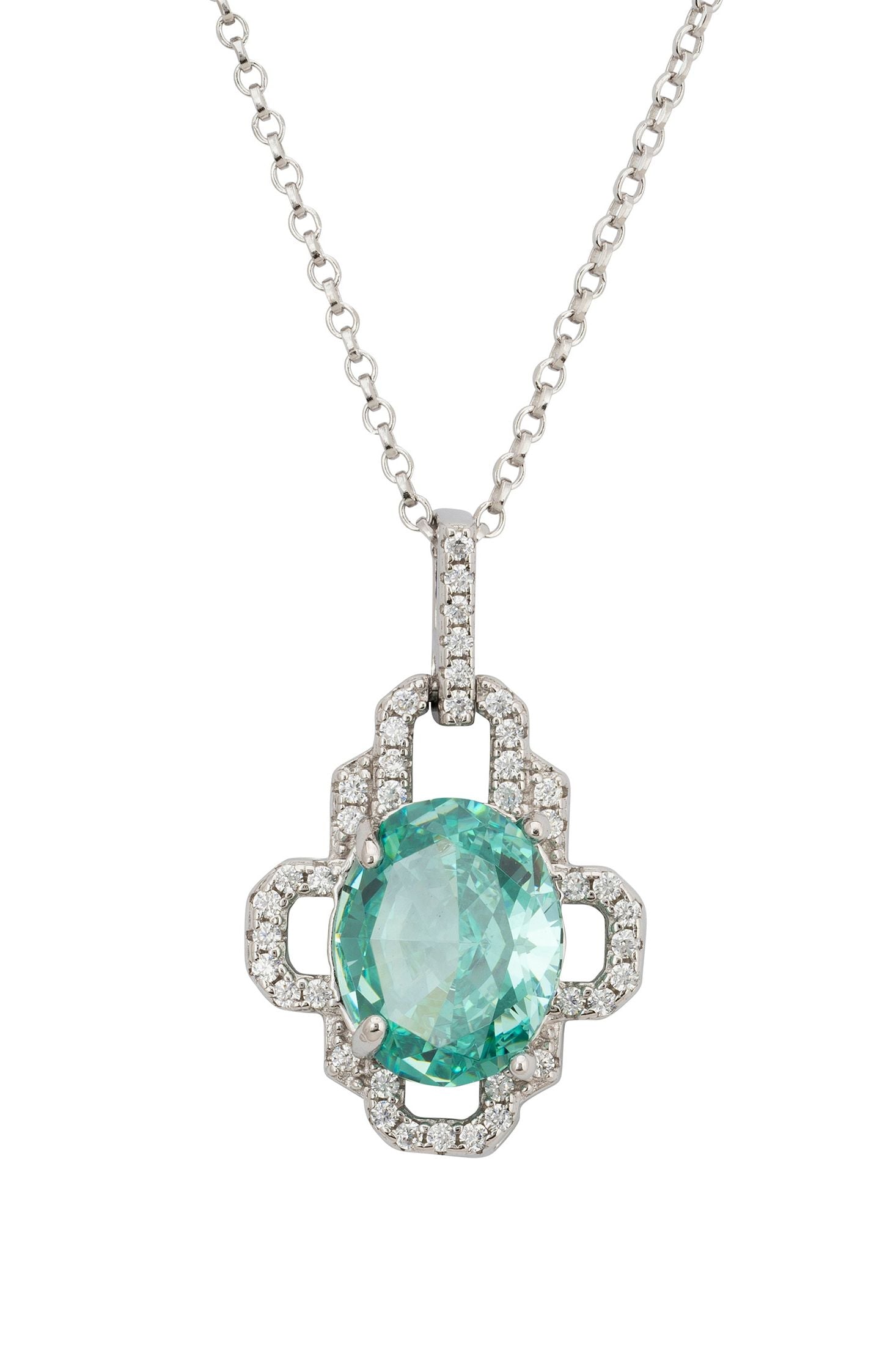 Close-up of the open design diamond and aquamarine pendant.
