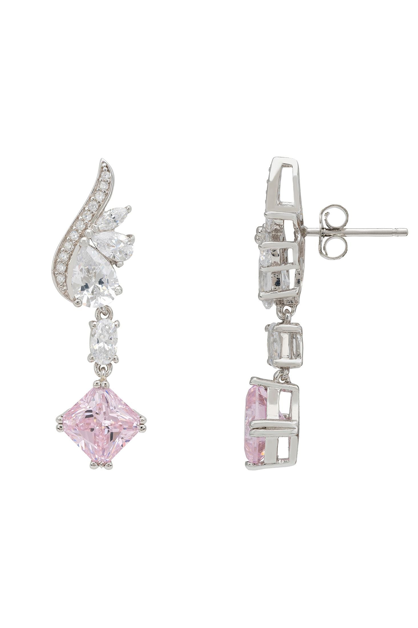 Angled view of Angel Wing Morganite Drop Earrings Silver, showing silver finish and the jewellery profile.