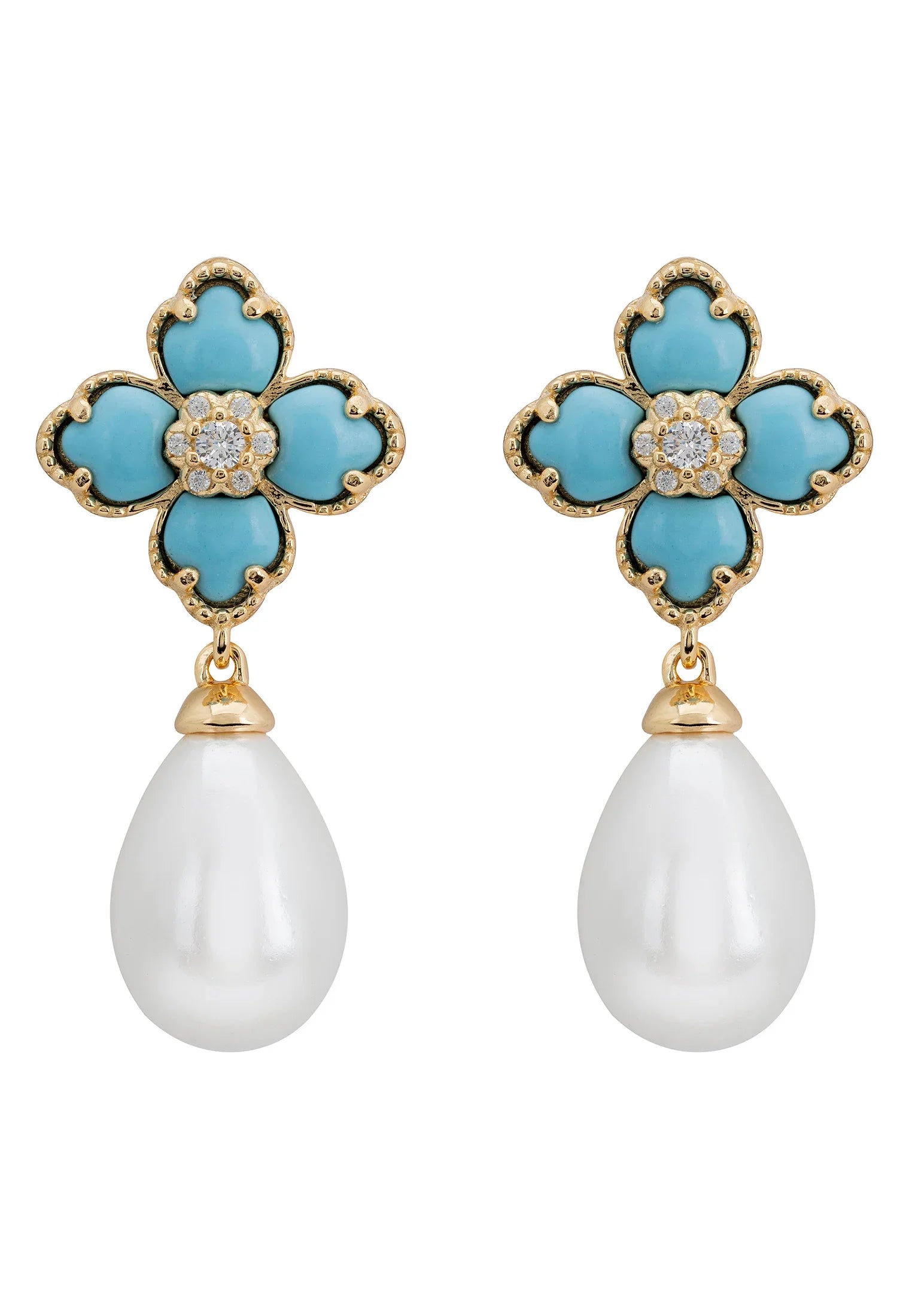 Pearl and turquoise clover gold earrings.