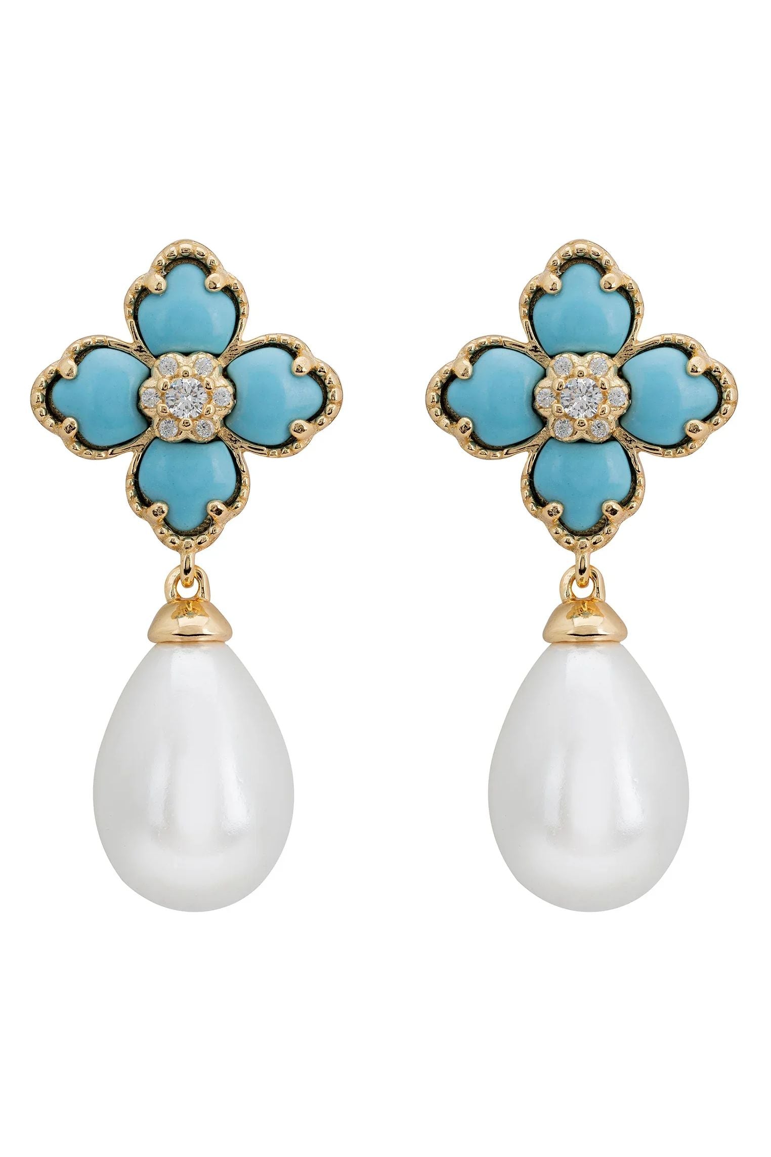 Pearl and turquoise clover gold earrings.