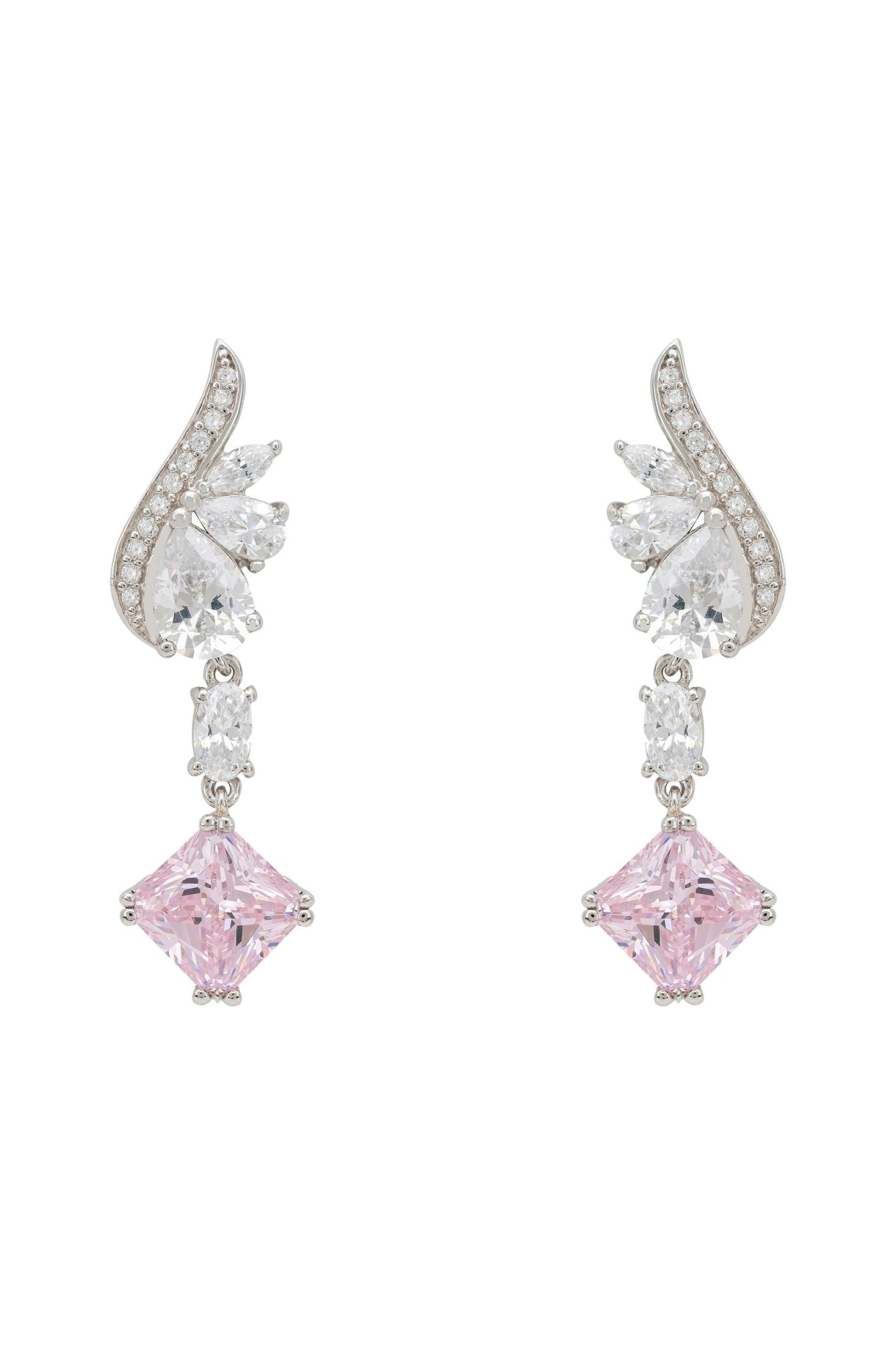 Front view of Angel Wing Morganite Drop Earrings Silver, showing cat design, silver finish.