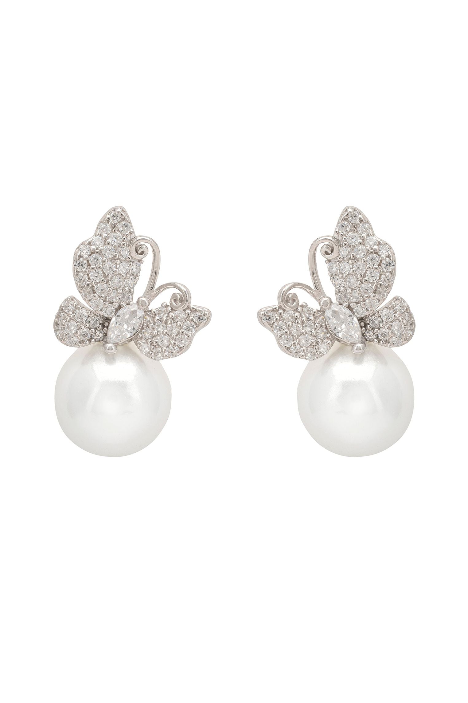 Butterfly Drop Earrings Pearl Silver