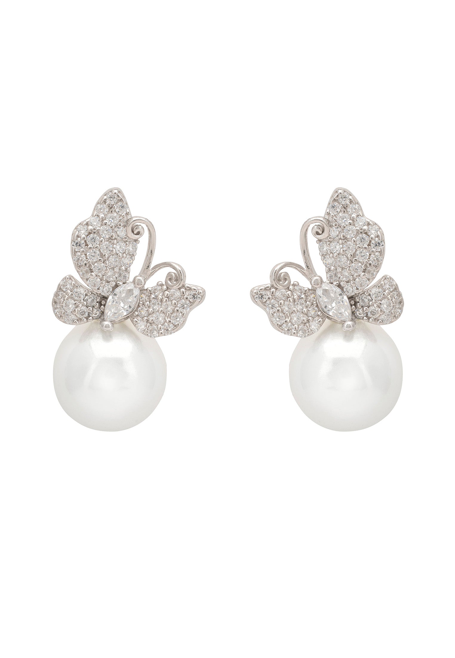 Butterfly Drop Earrings Pearl Silver