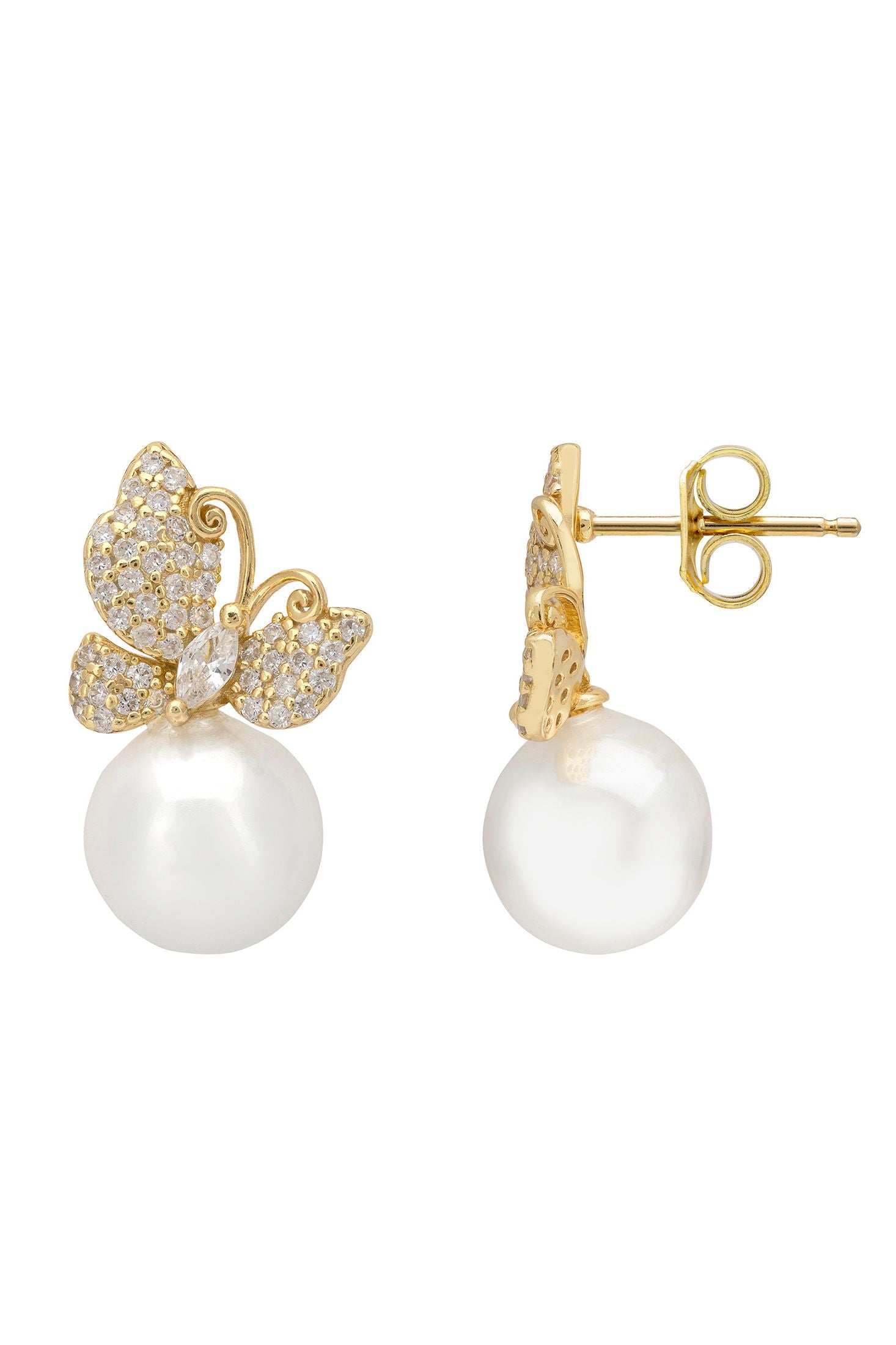 Gold butterfly earrings with pearl centers on a white background