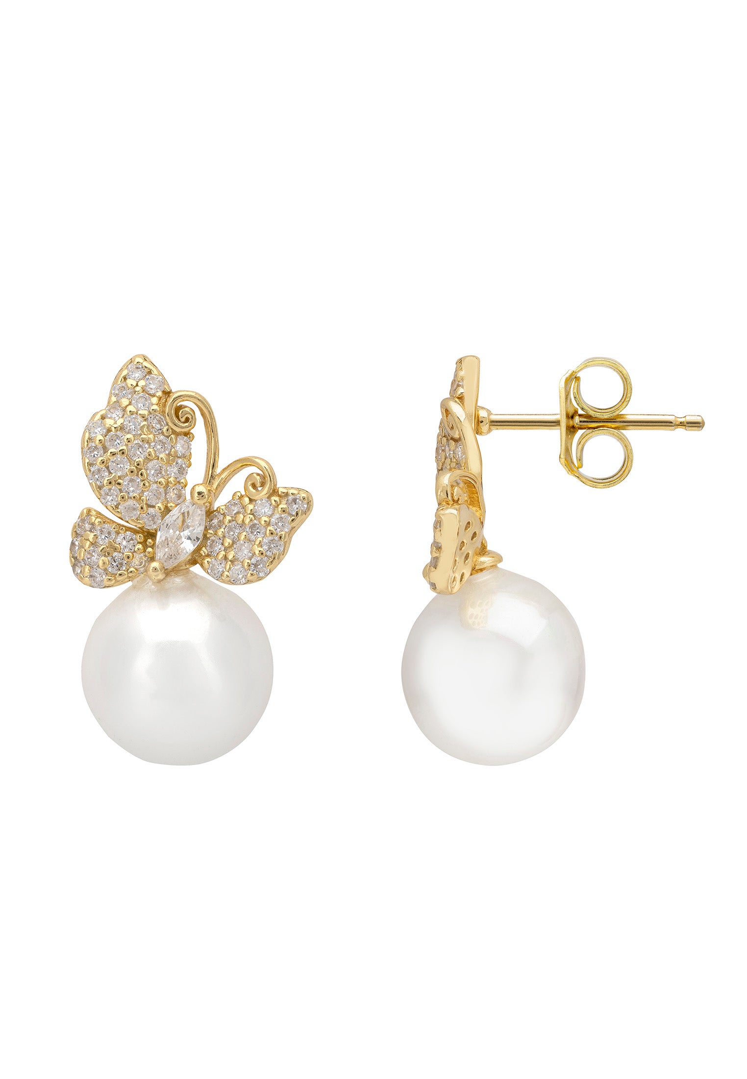 Gold butterfly earrings with pearl centers on a white background