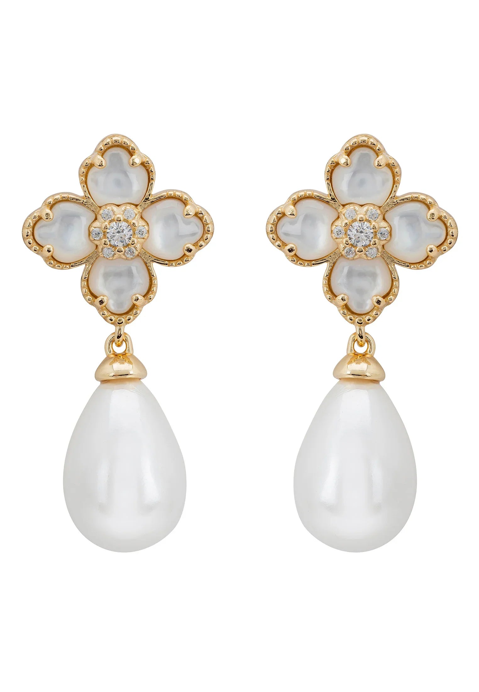Pearl and white clover gold earrings.