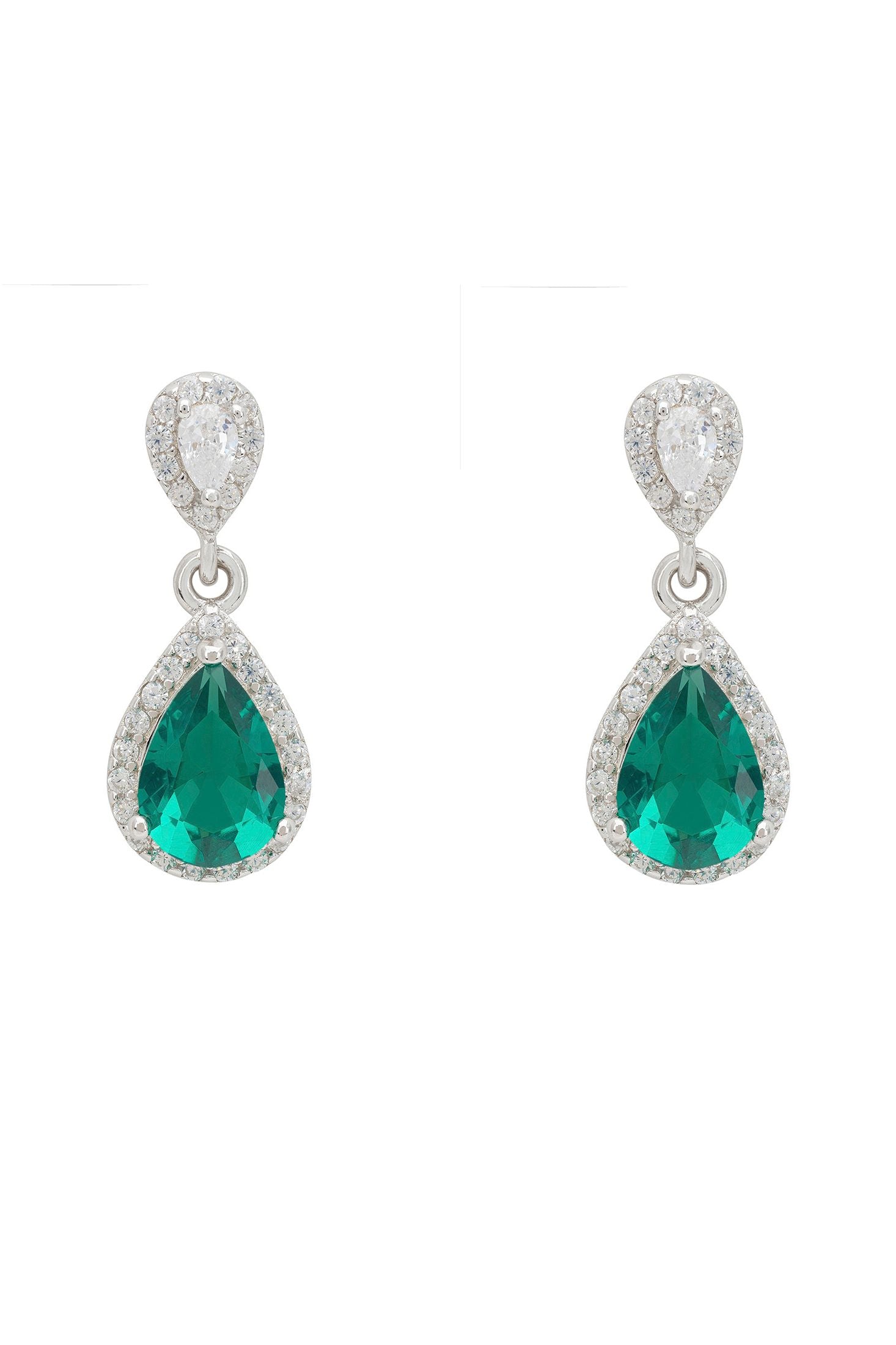 Front view of Phillippa Drop Earrings Emerald Silver, showing cat design, zirconia and emerald detailing, silver finish.
