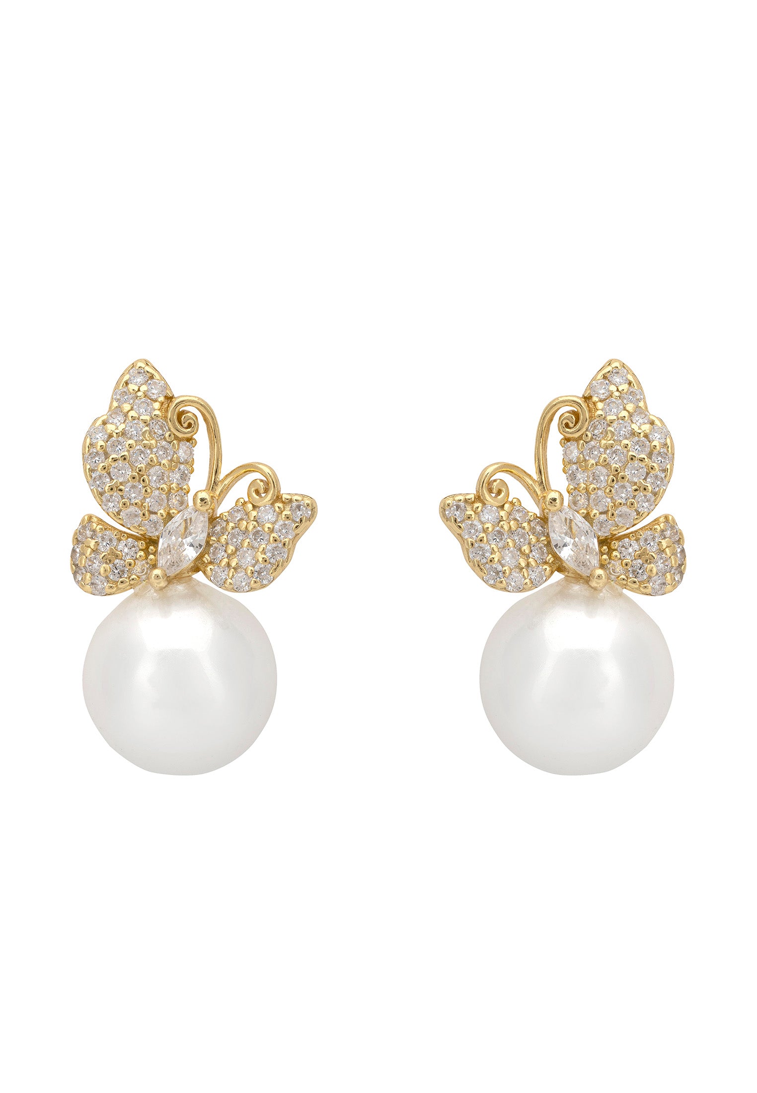 Butterfly-shaped earrings with pearls on a white background