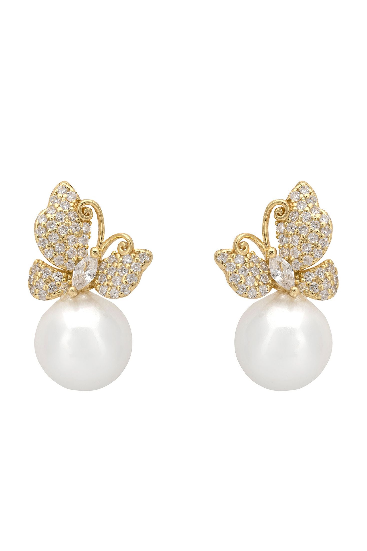 Butterfly-shaped earrings with pearls on a white background