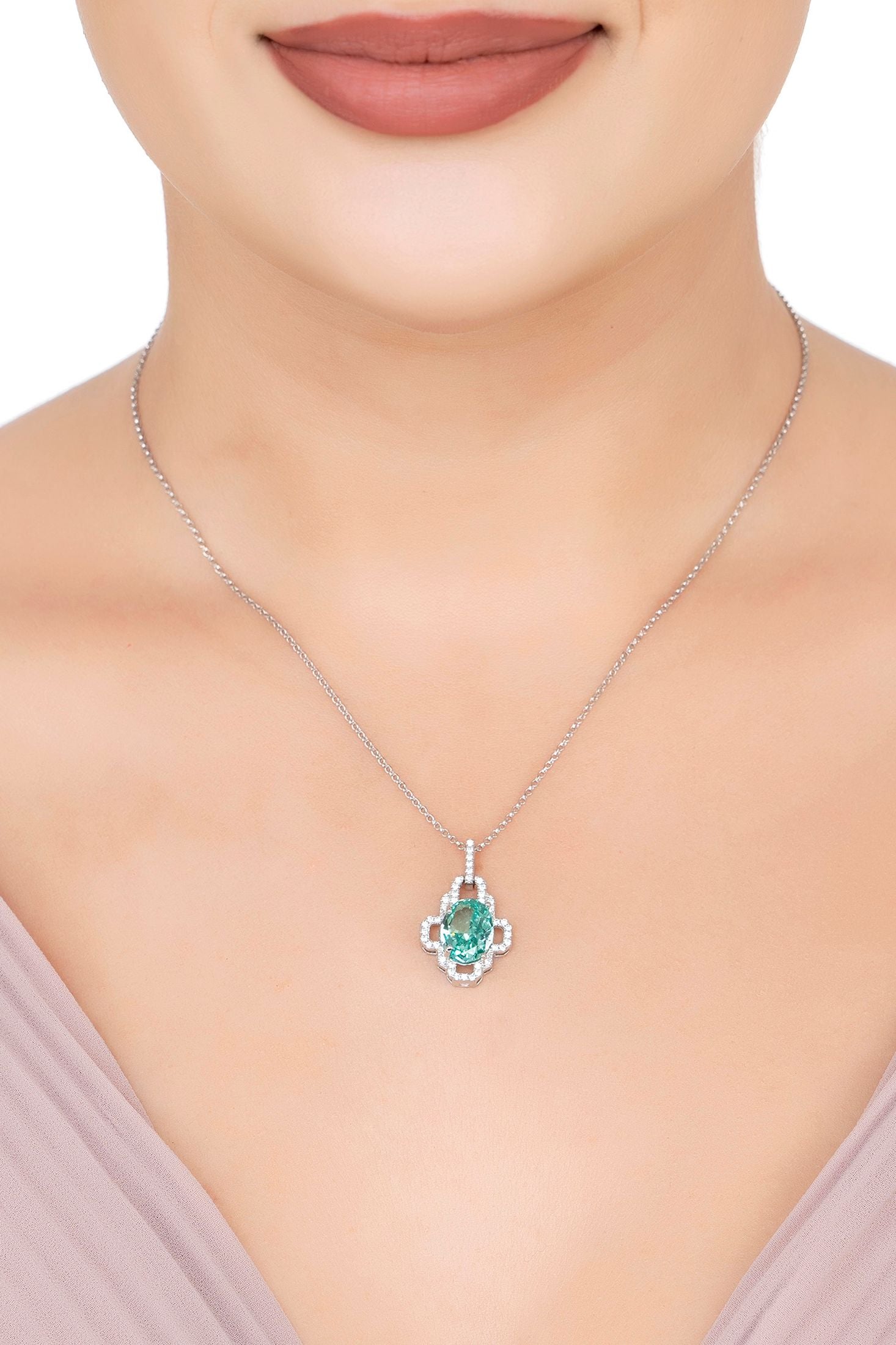 The necklace worn by a model.
