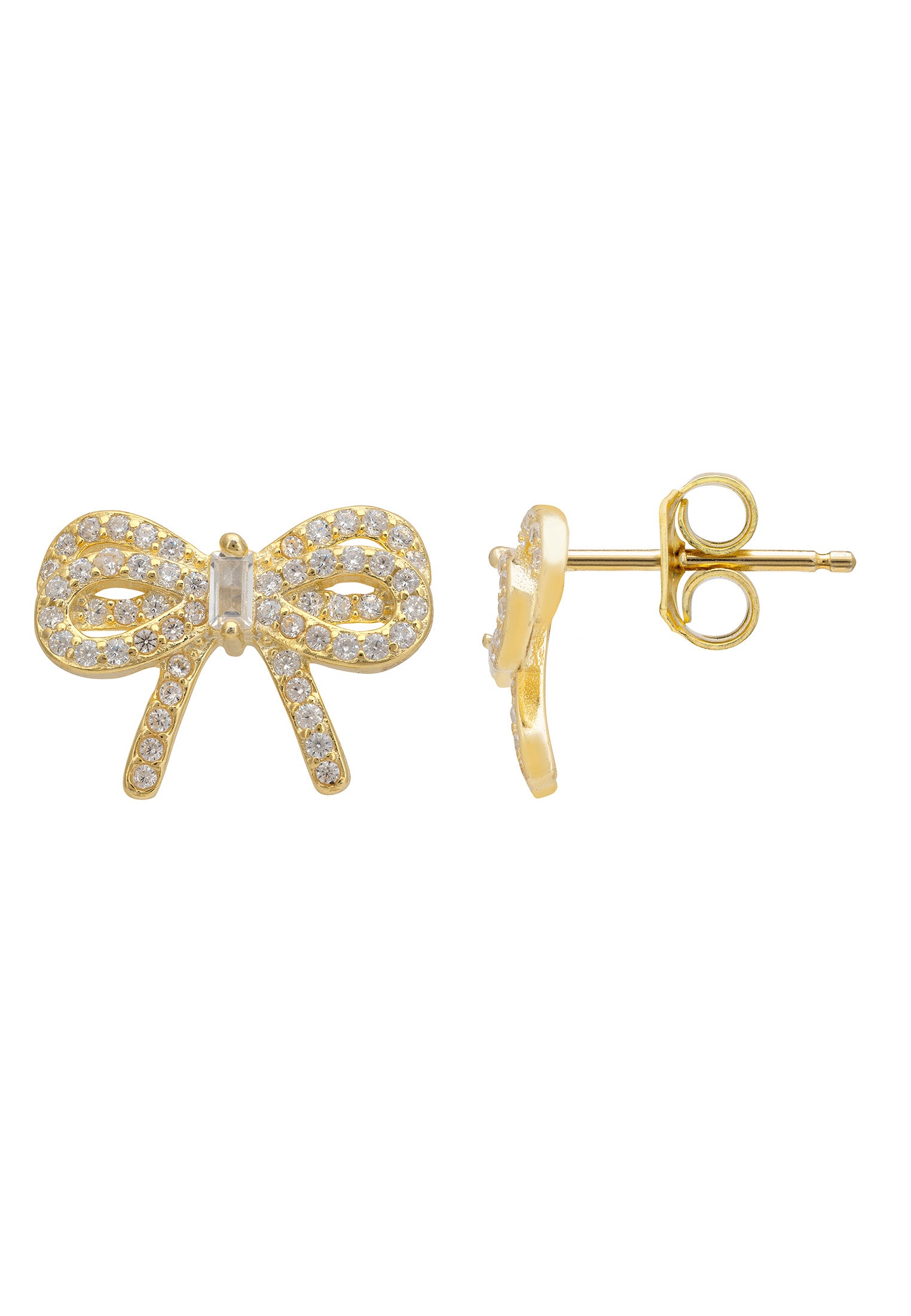 Gold bow-shaped earrings with clear stones on a white background