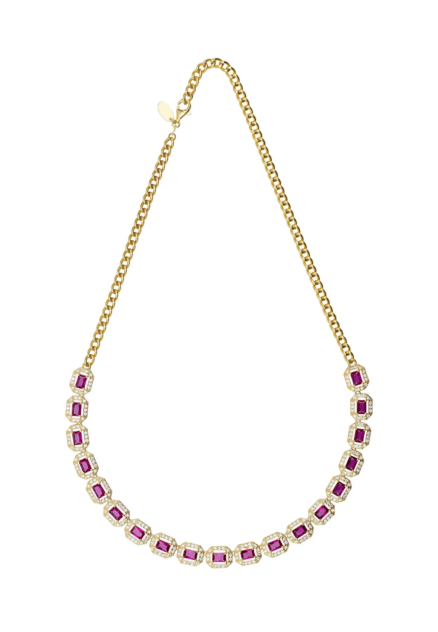 Gold and diamond halo ruby necklace.
