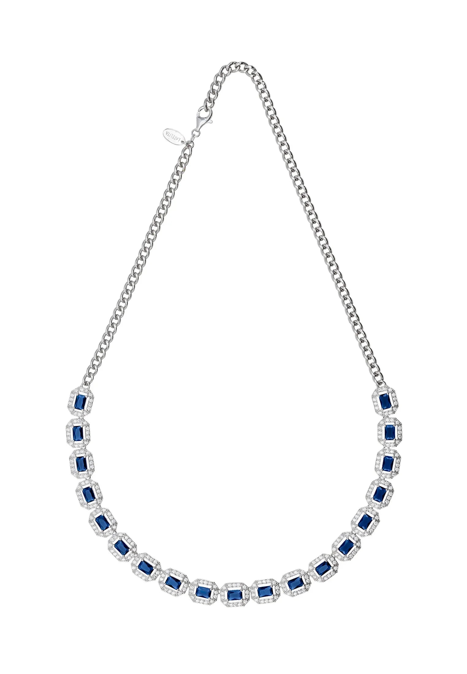 Diamond halo sapphire necklace.
