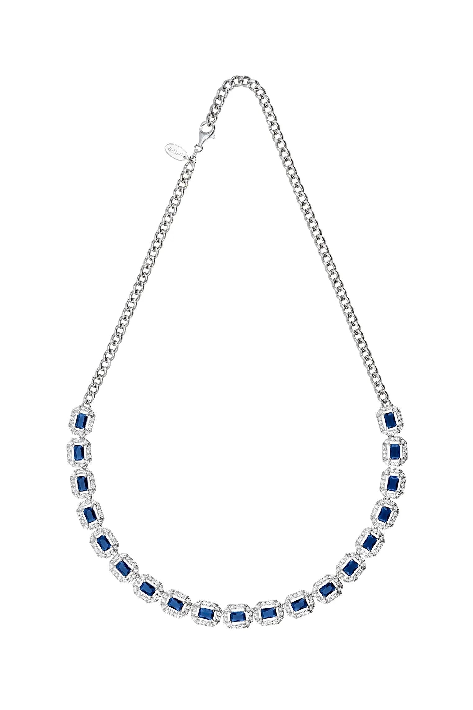 Diamond halo sapphire necklace.