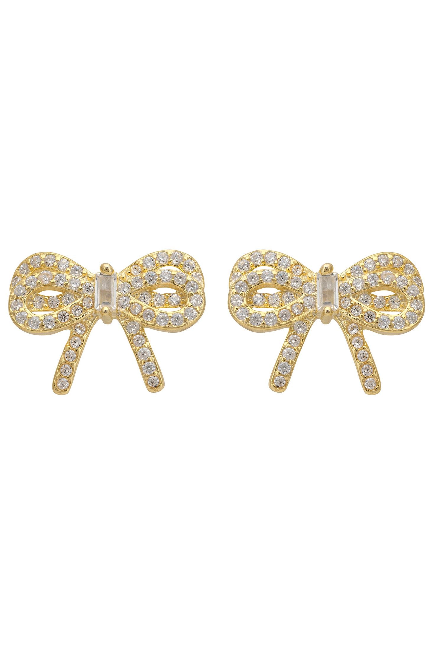 Gold bow-shaped earrings with clear gemstones on a white background