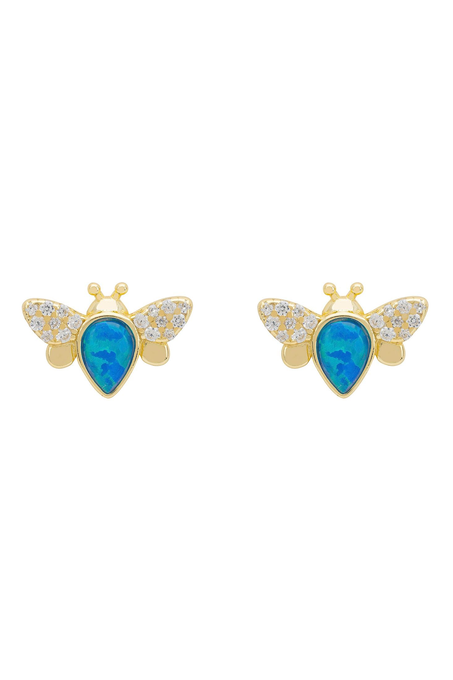 Front view of Busy Bee Blue Opal Stud Earrings Gold, showing bee design, cubic zirconia and zirconia detailing, gold finish.