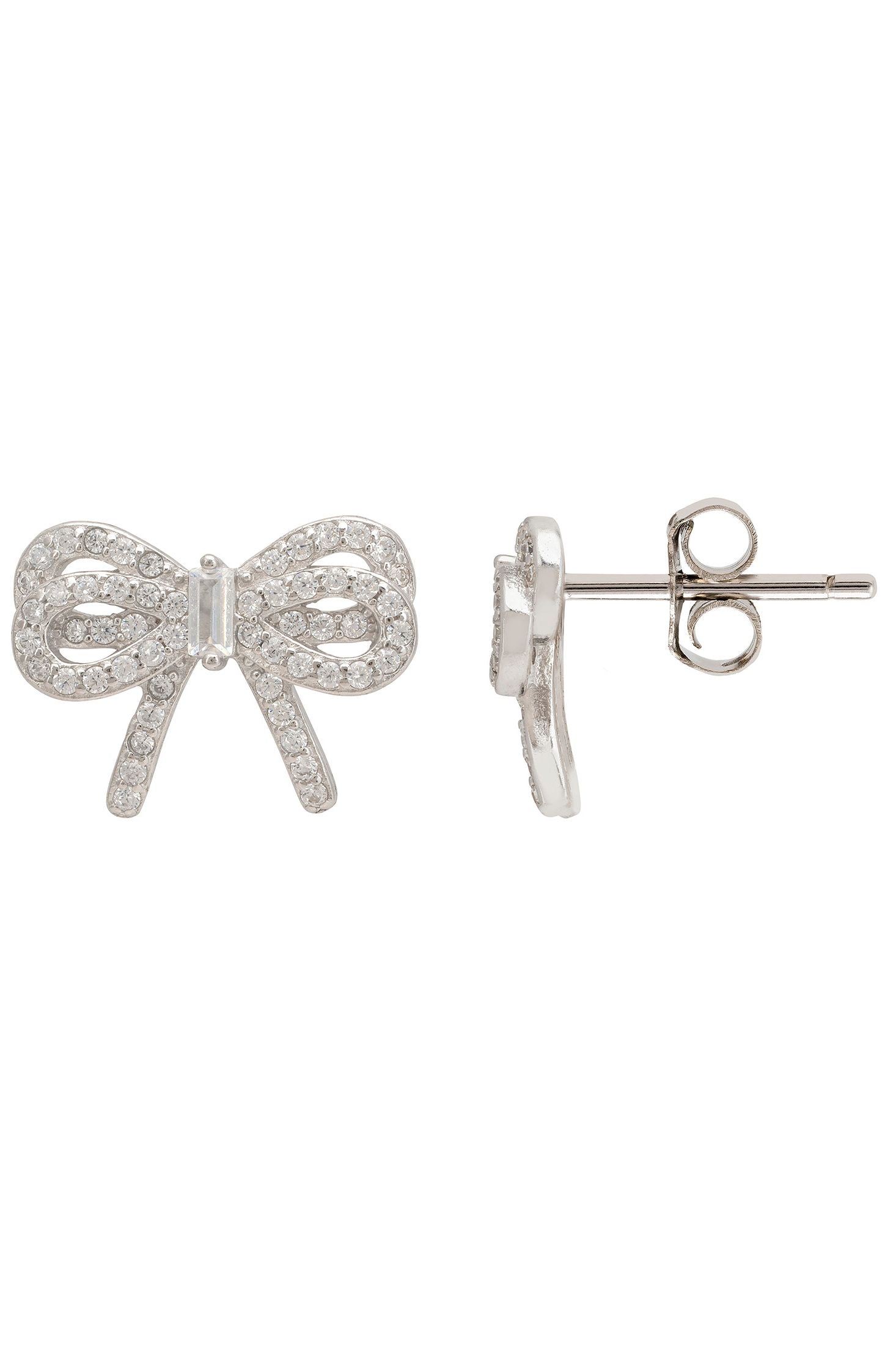 Silver bow-shaped earrings on a white background