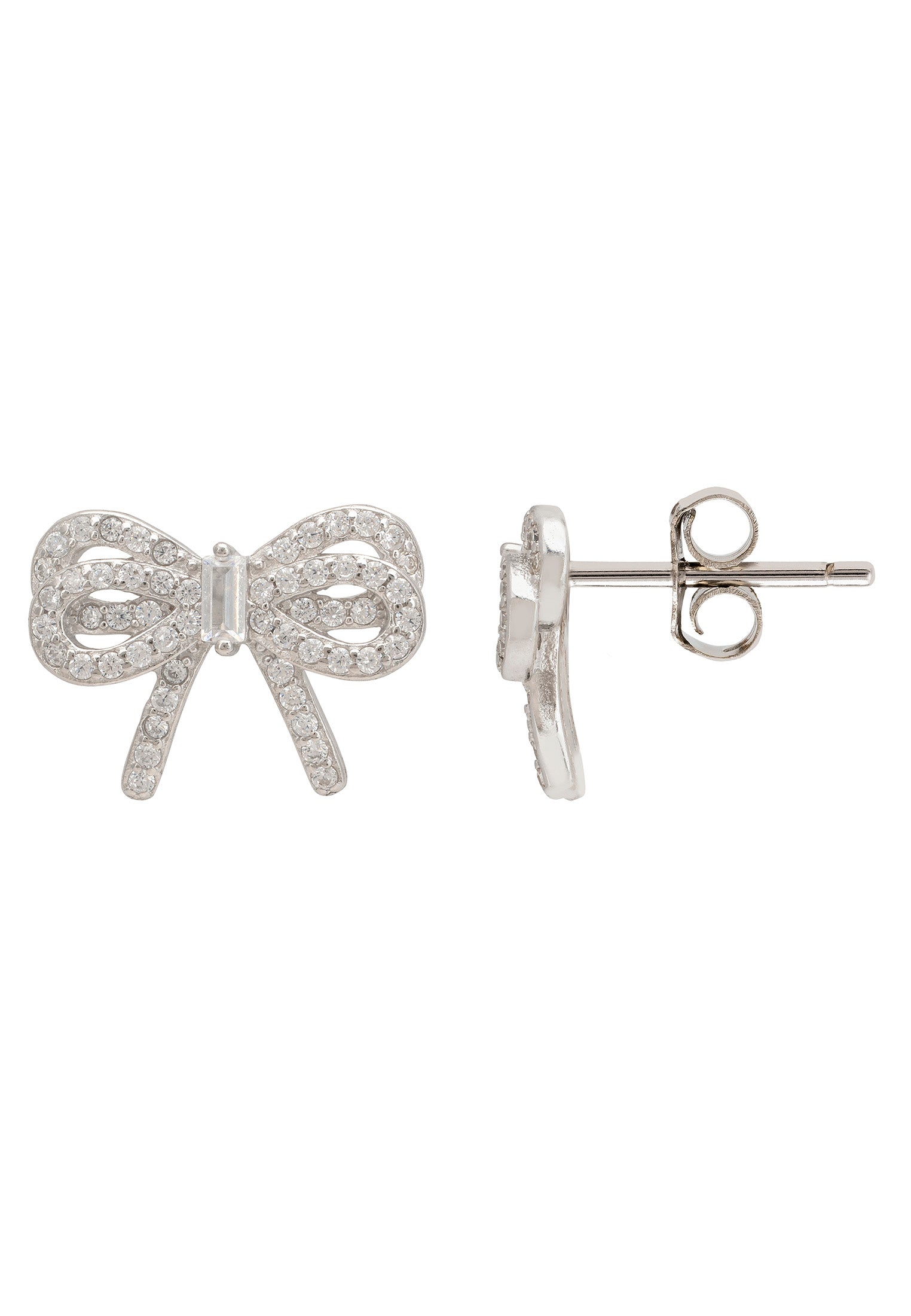 Silver bow-shaped earrings on a white background