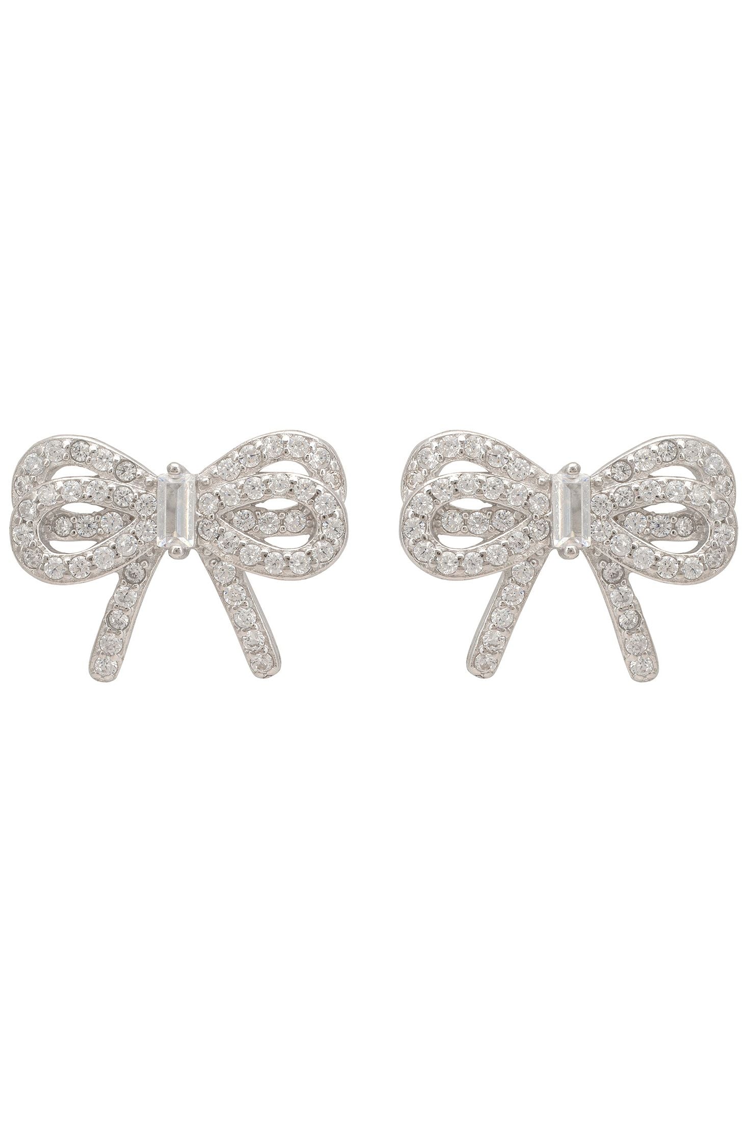 Silver bow-shaped earrings on a white background