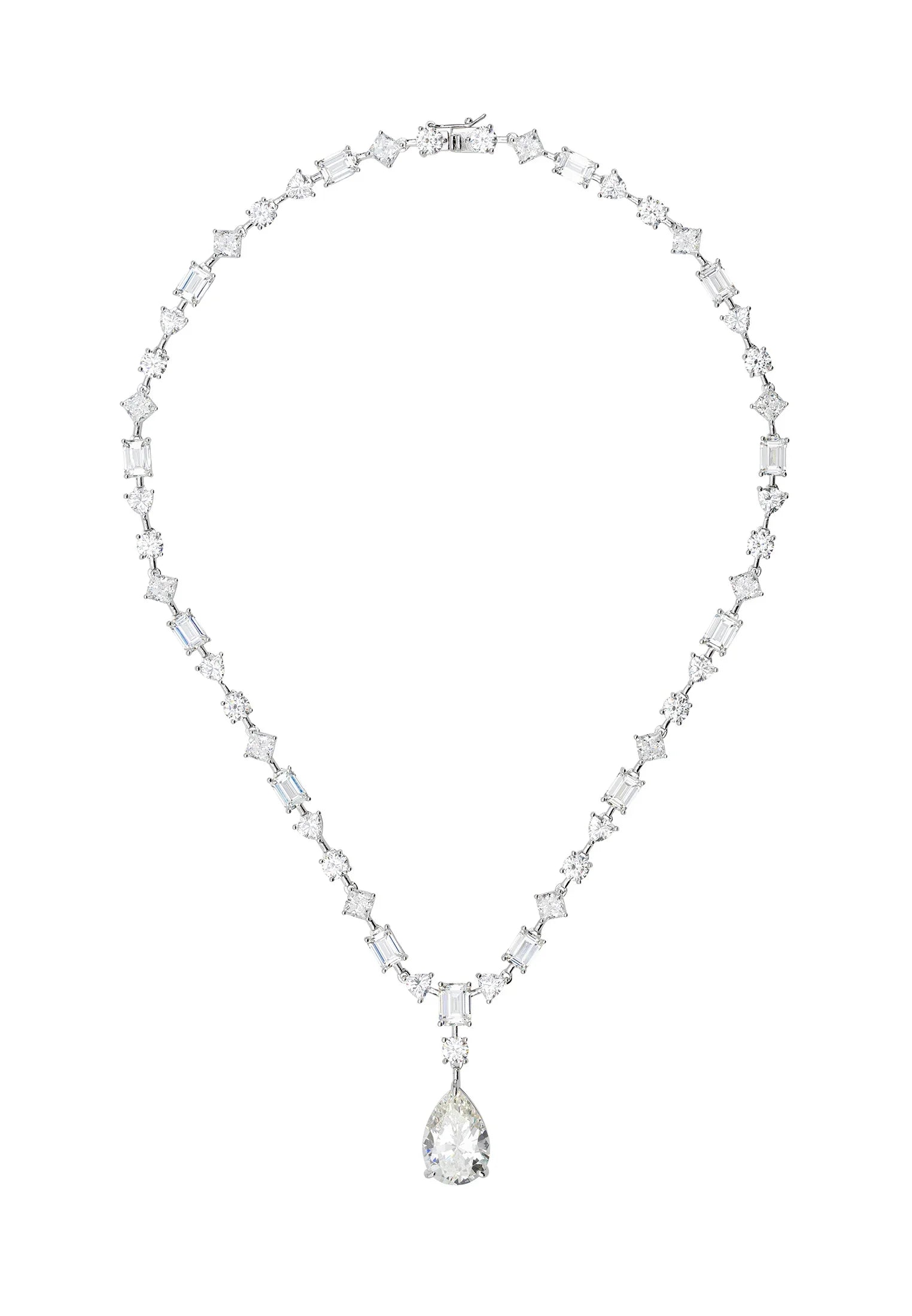 Teardrop diamond centerpiece multiple shape diamond necklace.