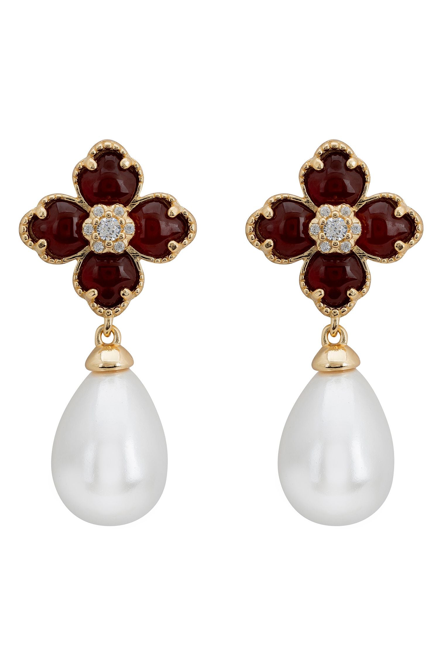 Pearl and red clover gold earrings.