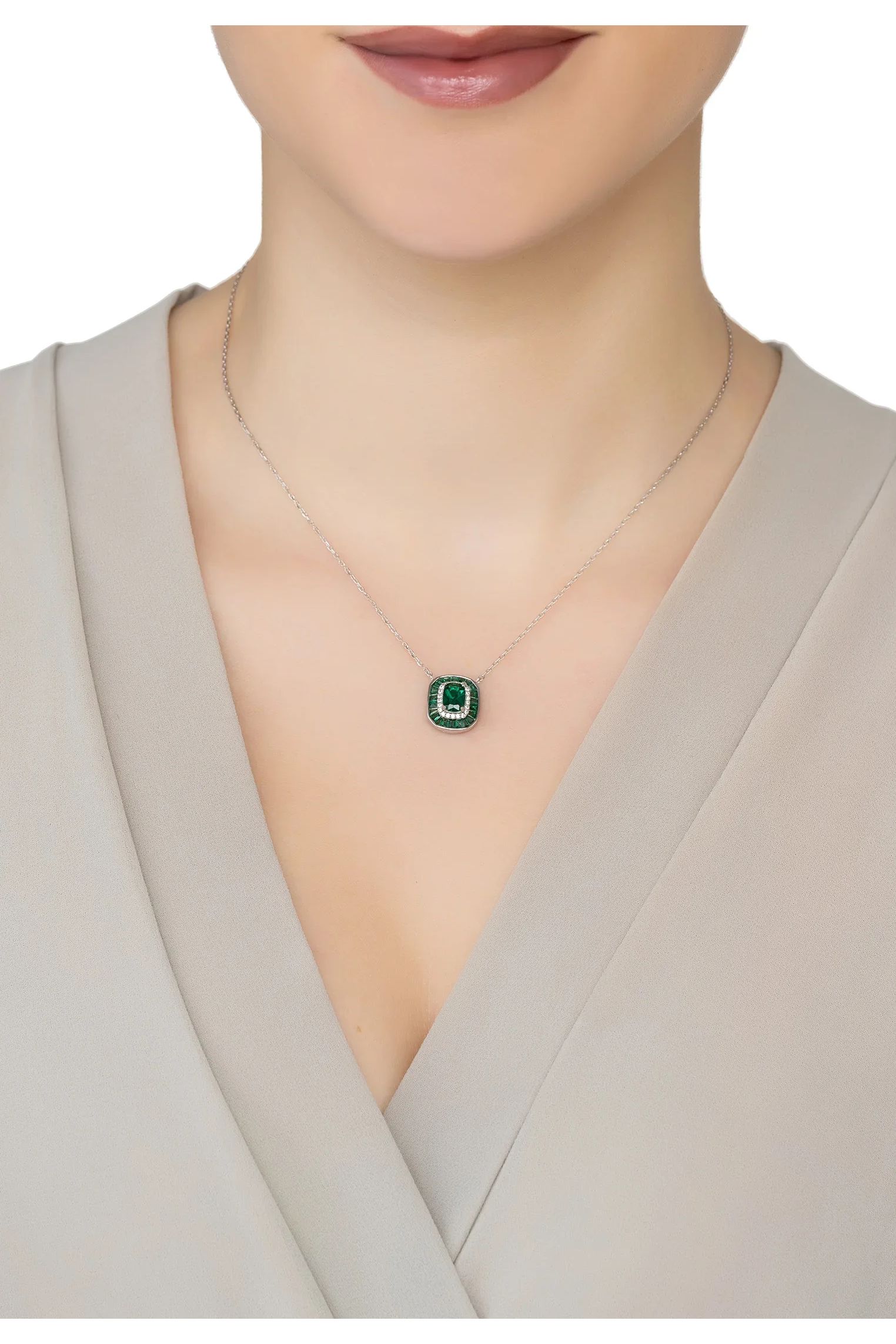 Great Gatsby Pendant Necklace Emerald Silver